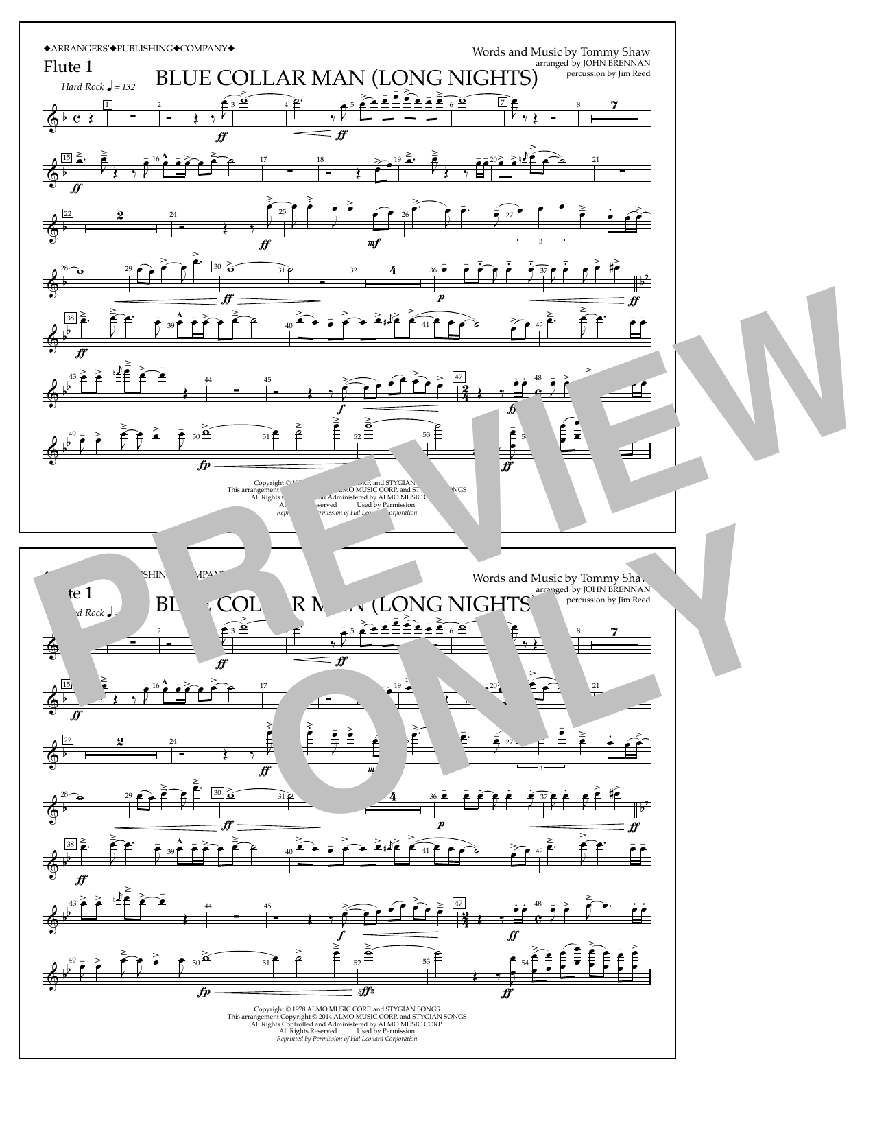 Download John Brennan Blue Collar Man (Long Nights) - Flute 1 Sheet Music and learn how to play Marching Band PDF digital score in minutes