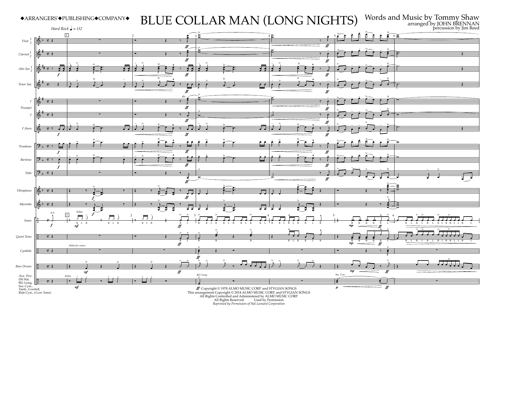 Download John Brennan Blue Collar Man (Long Nights) - Full Score Sheet Music and learn how to play Marching Band PDF digital score in minutes