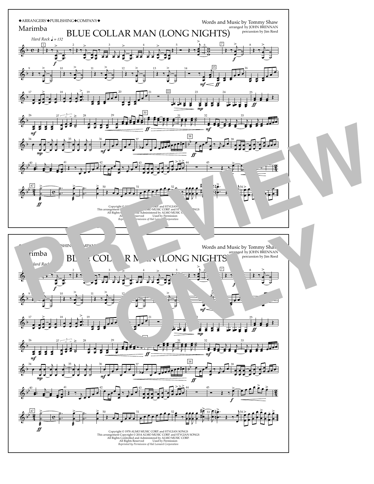 Download John Brennan Blue Collar Man (Long Nights) - Marimba Sheet Music and learn how to play Marching Band PDF digital score in minutes