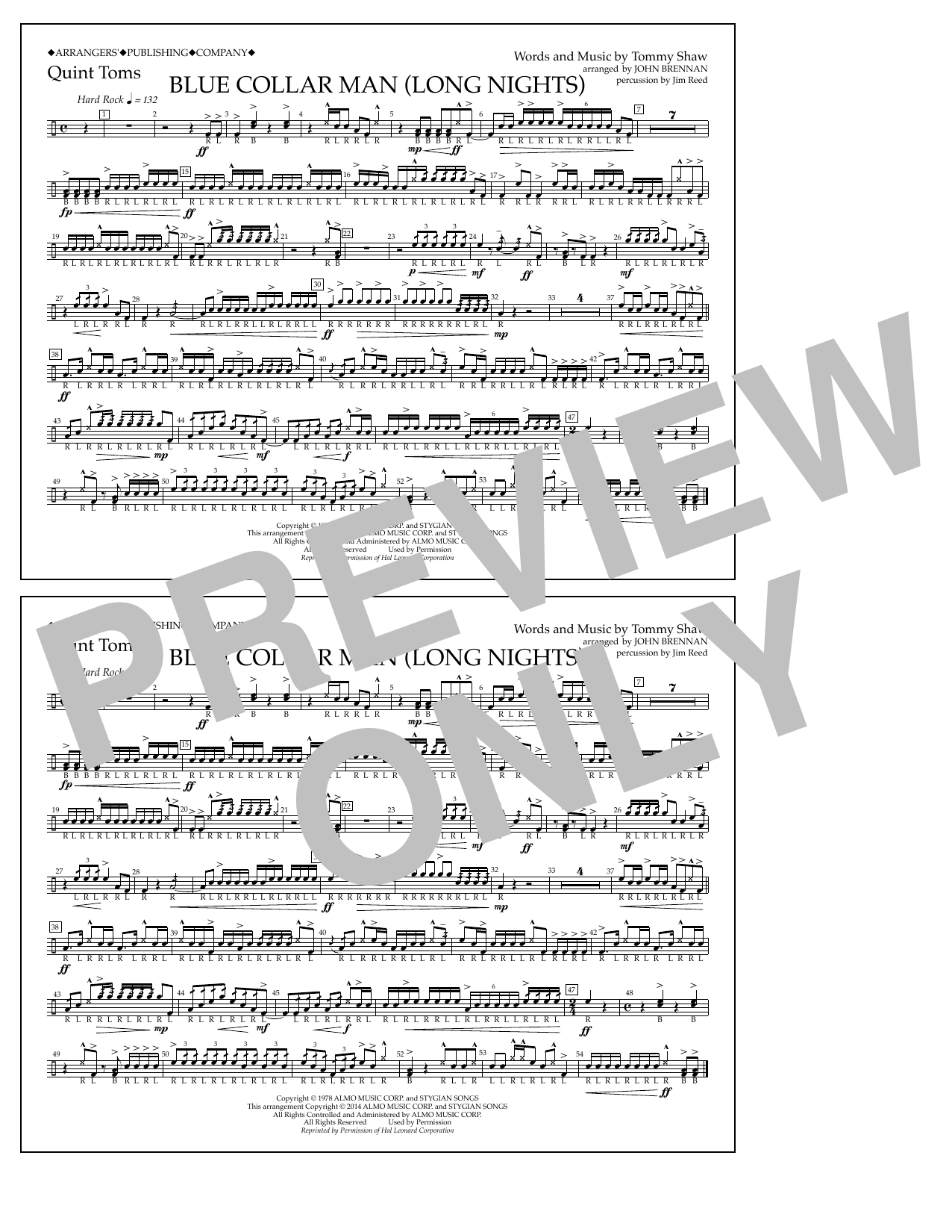 Download John Brennan Blue Collar Man (Long Nights) - Quint-Toms Sheet Music and learn how to play Marching Band PDF digital score in minutes