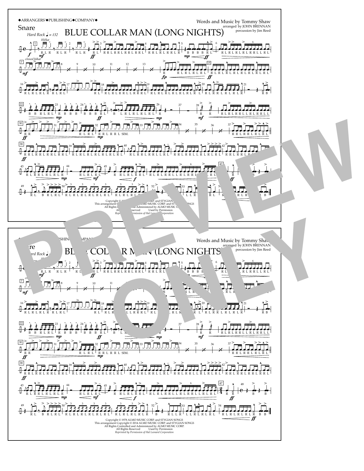 Download John Brennan Blue Collar Man (Long Nights) - Snare Sheet Music and learn how to play Marching Band PDF digital score in minutes