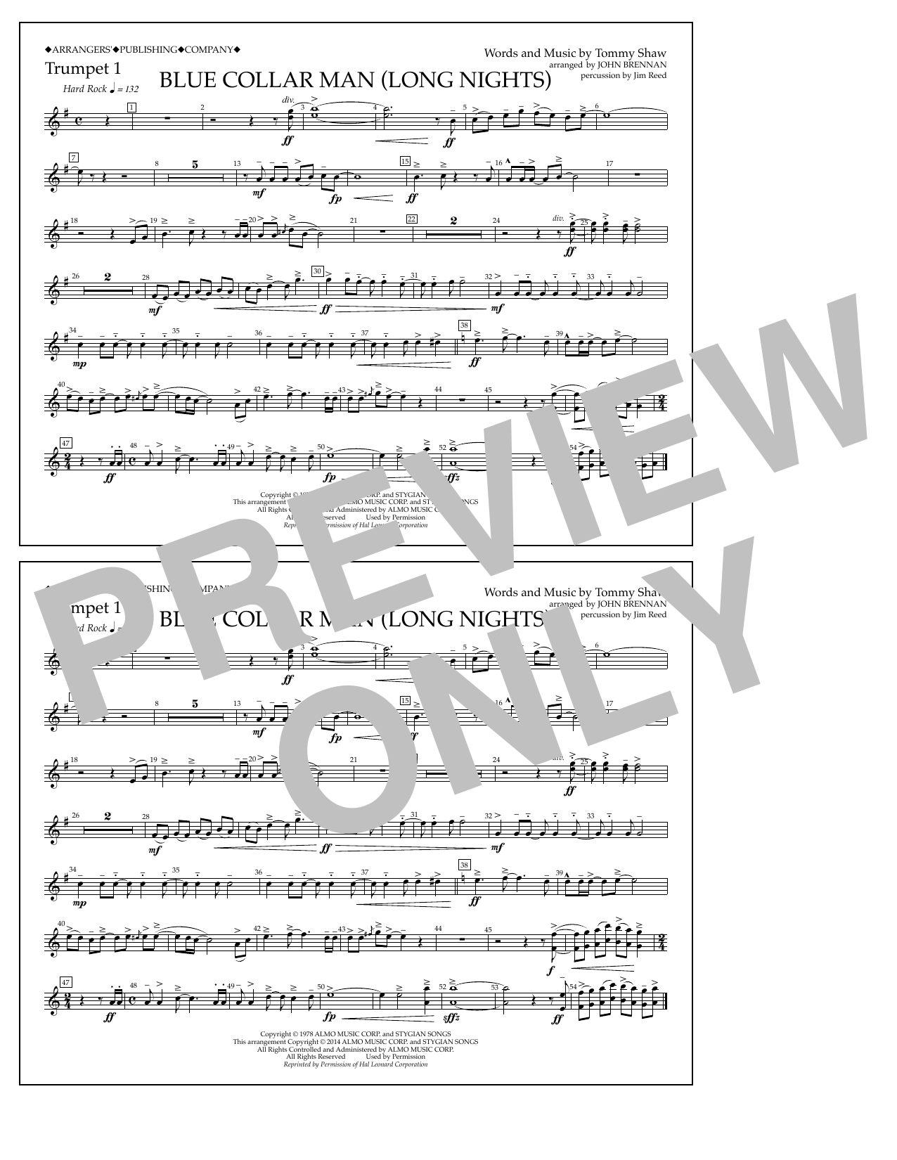 Download John Brennan Blue Collar Man (Long Nights) - Trumpet 1 Sheet Music and learn how to play Marching Band PDF digital score in minutes