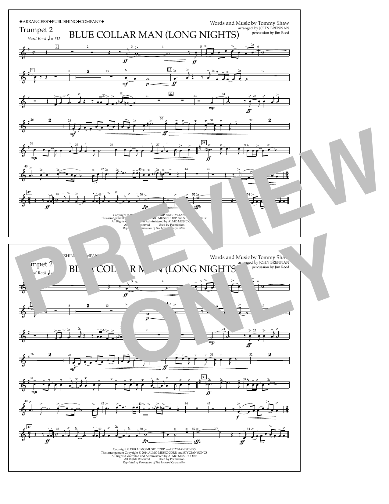 Download John Brennan Blue Collar Man (Long Nights) - Trumpet 2 Sheet Music and learn how to play Marching Band PDF digital score in minutes