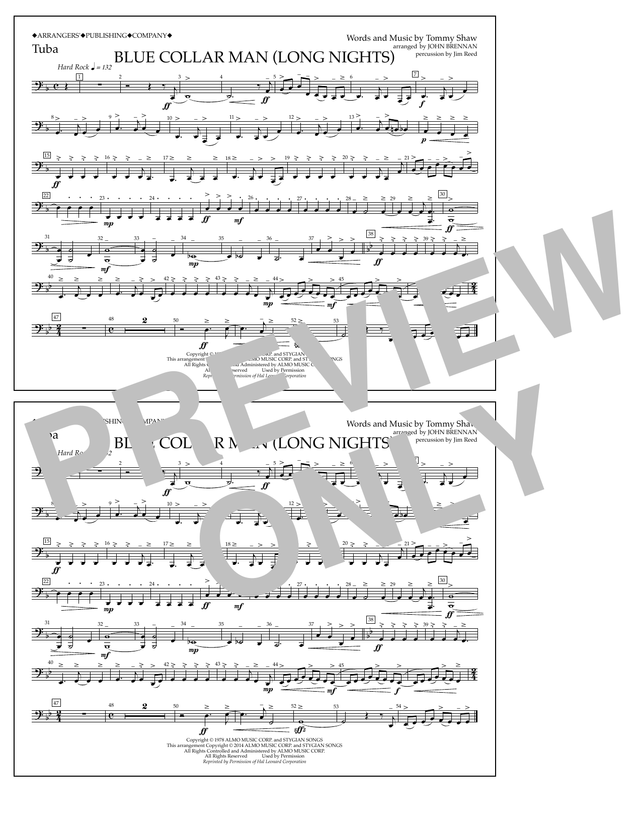 Download John Brennan Blue Collar Man (Long Nights) - Tuba Sheet Music and learn how to play Marching Band PDF digital score in minutes