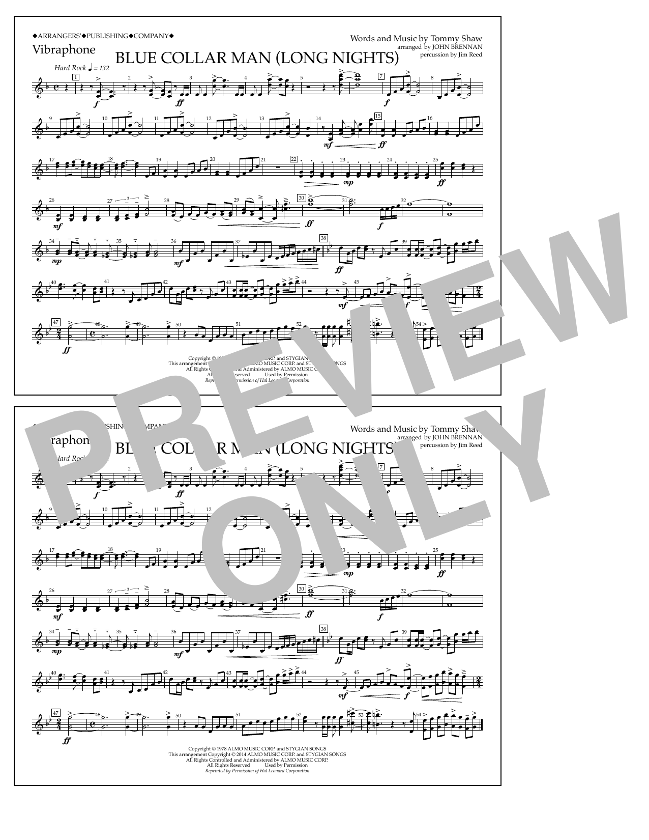 Download John Brennan Blue Collar Man (Long Nights) - Vibraphone Sheet Music and learn how to play Marching Band PDF digital score in minutes
