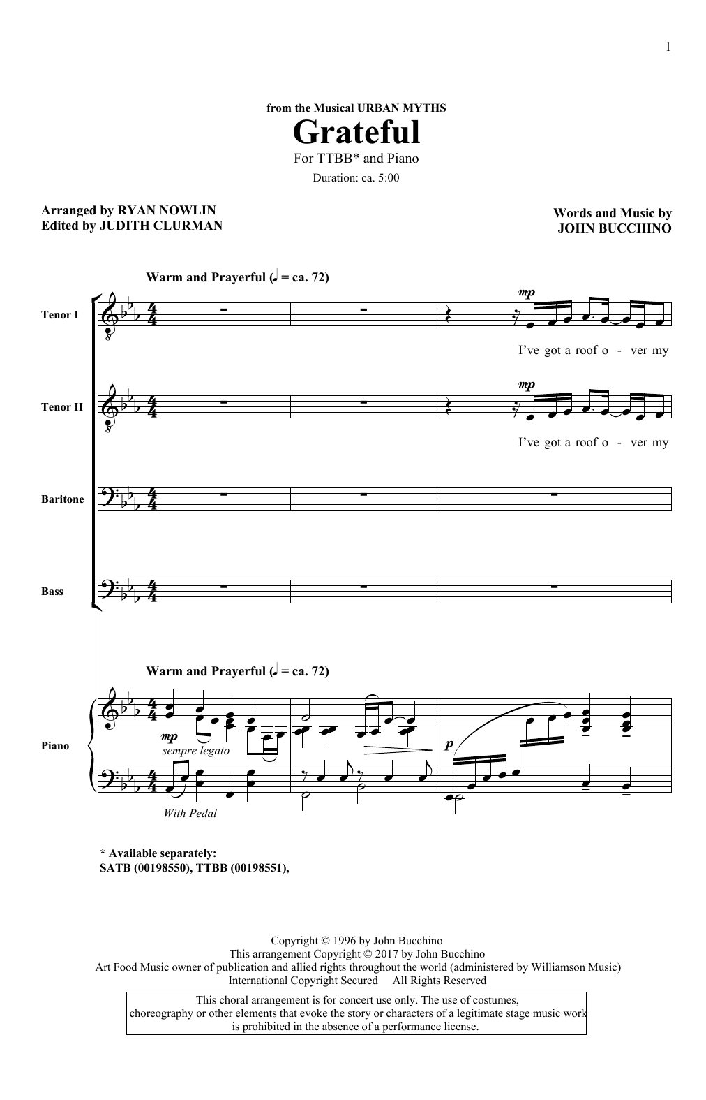 Download John Bucchino Grateful Sheet Music and learn how to play TTBB PDF digital score in minutes