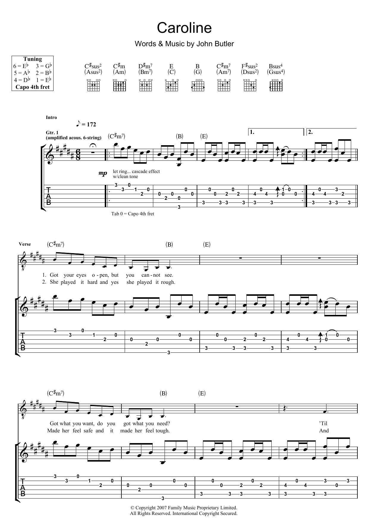 Download John Butler Caroline Sheet Music and learn how to play Guitar Tab PDF digital score in minutes