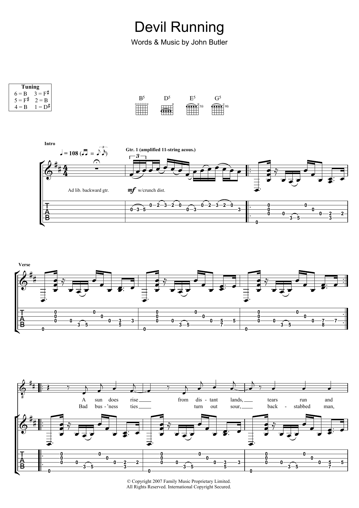 Download John Butler Devil Running Sheet Music and learn how to play Guitar Tab PDF digital score in minutes