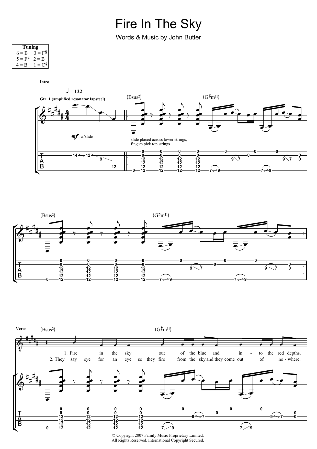 Download John Butler Fire In The Sky Sheet Music and learn how to play Guitar Tab PDF digital score in minutes