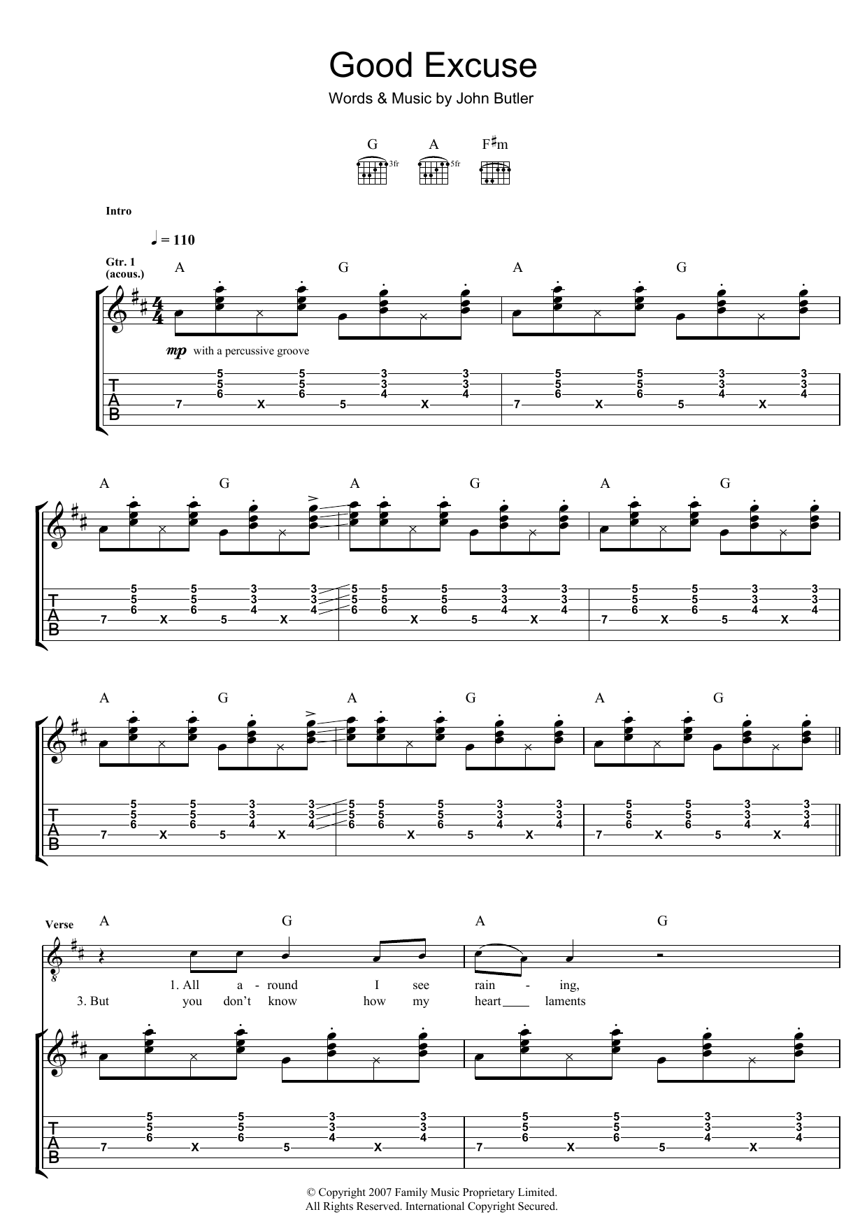 Download John Butler Good Excuse Sheet Music and learn how to play Guitar Tab PDF digital score in minutes