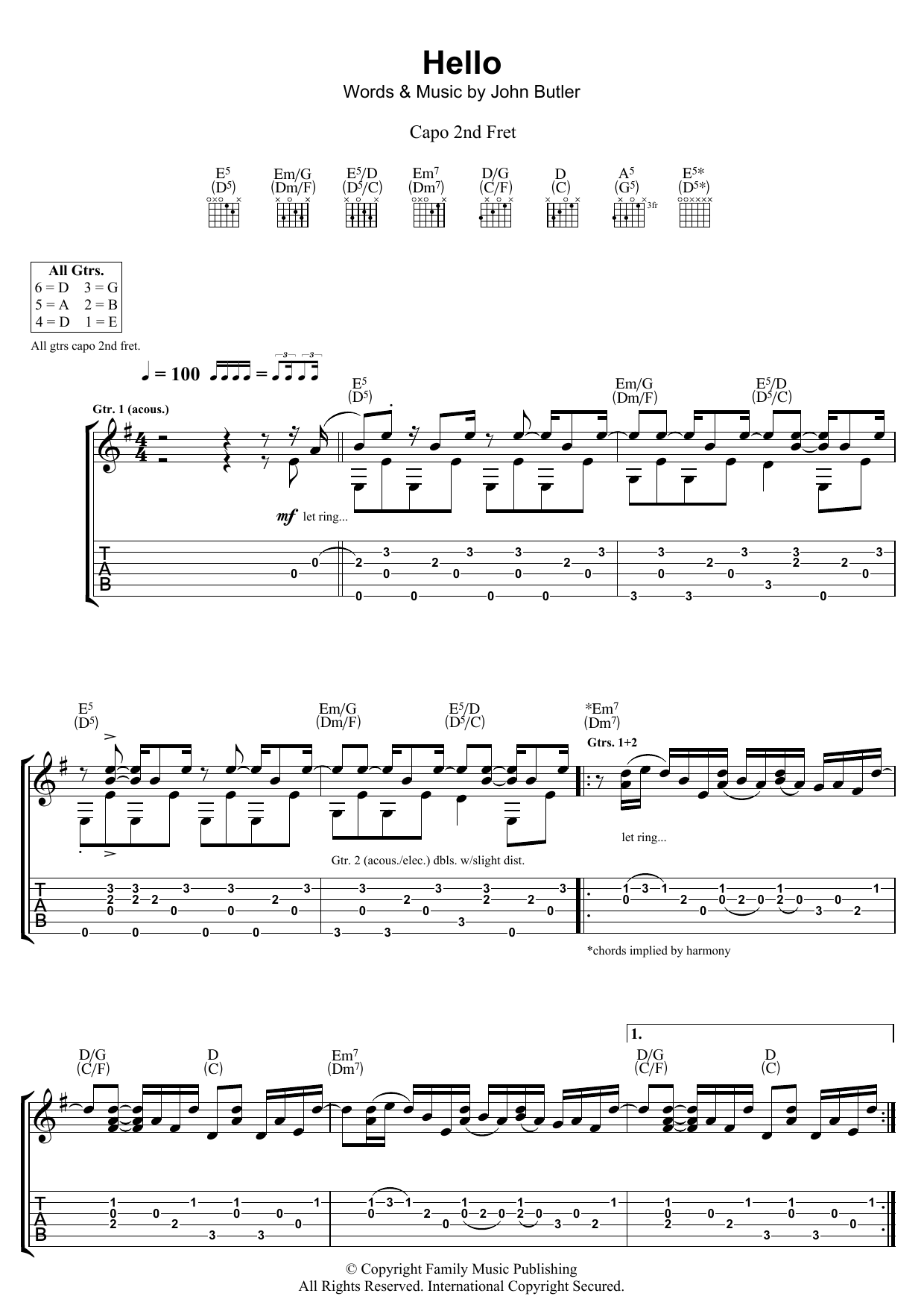 Download John Butler Hello Sheet Music and learn how to play Guitar Tab PDF digital score in minutes