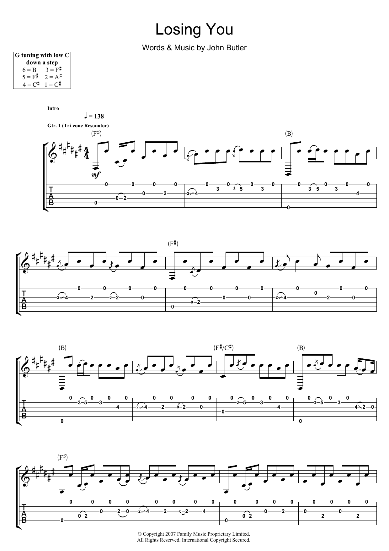 Download John Butler Losing You Sheet Music and learn how to play Guitar Tab PDF digital score in minutes