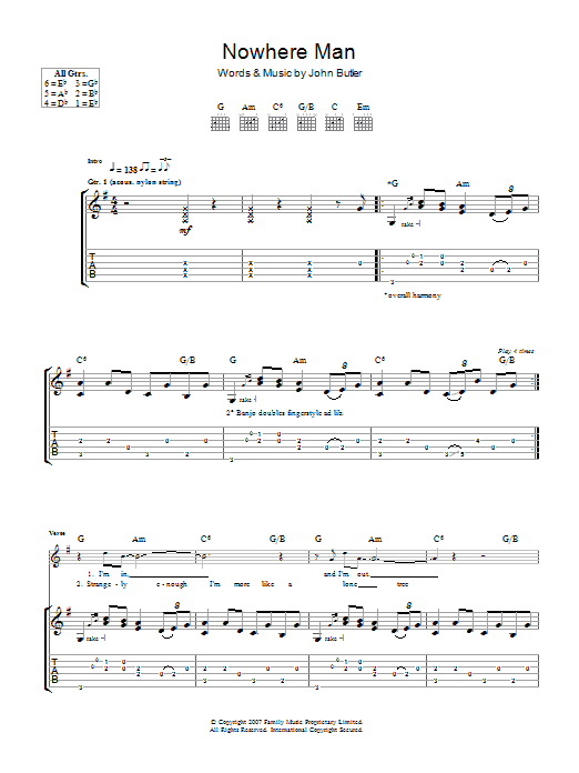 Download John Butler Nowhere Man Sheet Music and learn how to play Guitar Tab PDF digital score in minutes
