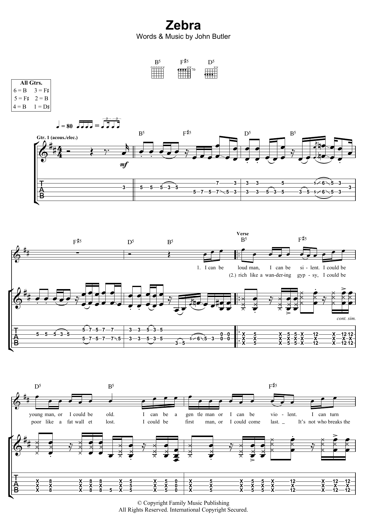 Download John Butler Zebra Sheet Music and learn how to play Guitar Tab PDF digital score in minutes