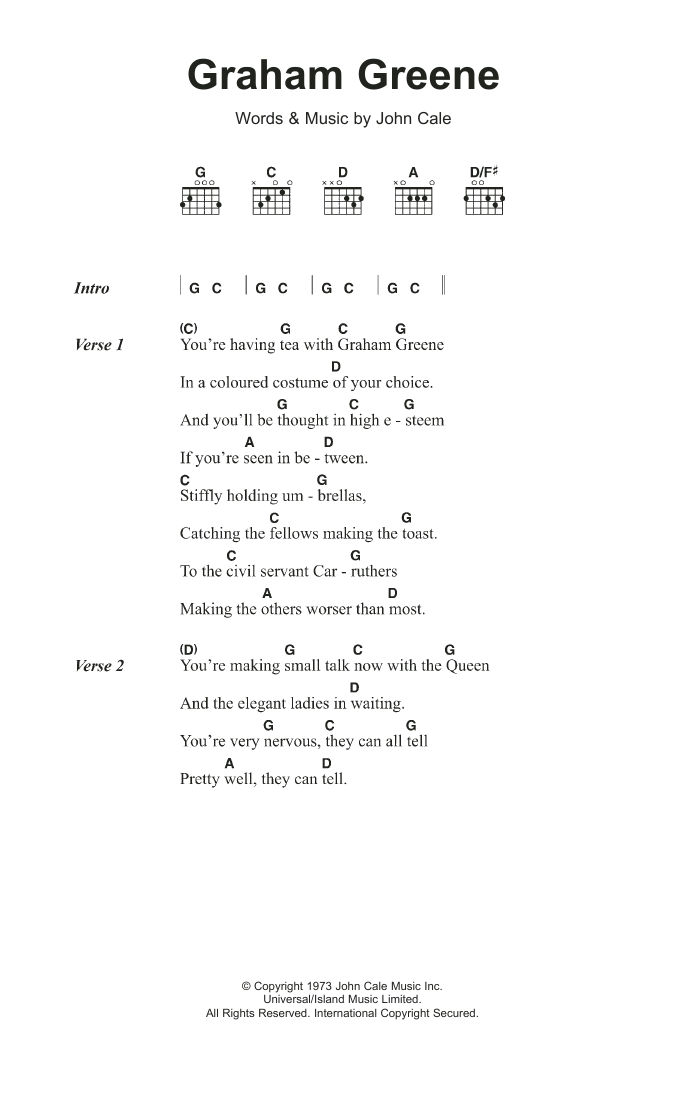 Download John Cale Graham Greene Sheet Music and learn how to play Lyrics & Chords PDF digital score in minutes