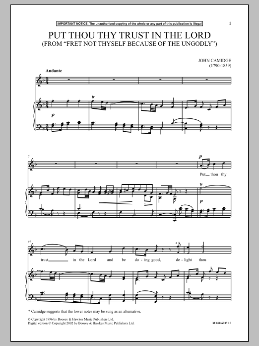 Download John Camidge Put Thou Thy Trust In The Lord (from Fret Not Thyself Because Of The Ungodly) Sheet Music and learn how to play Piano & Vocal PDF digital score in minutes
