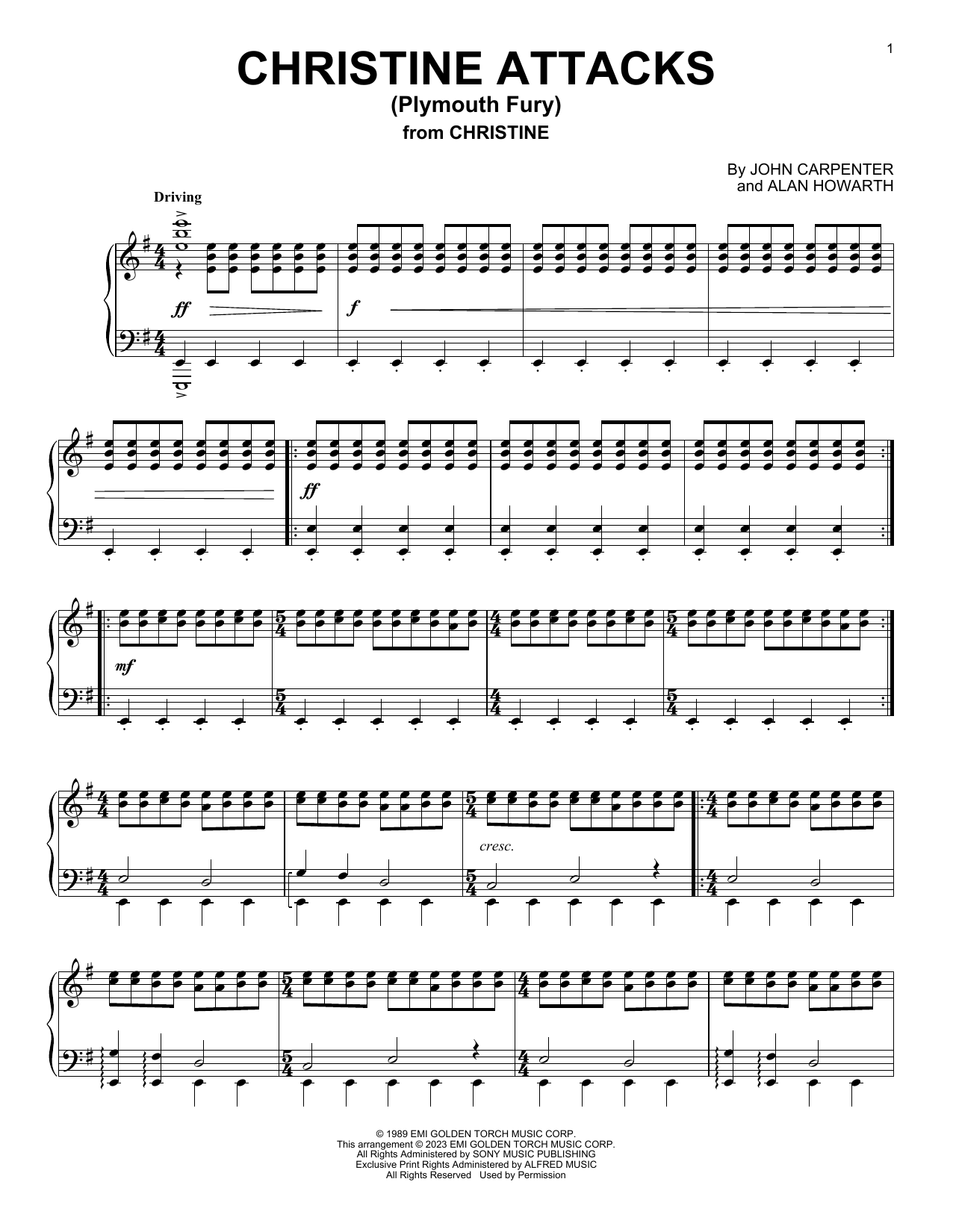 Download John Carpenter Christine Attacks (Plymouth Fury) (from Christine) Sheet Music and learn how to play Piano Solo PDF digital score in minutes