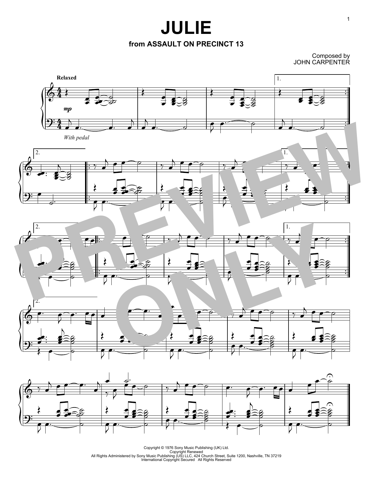 Download John Carpenter Julie (from Assault on Precinct 13) Sheet Music and learn how to play Piano Solo PDF digital score in minutes