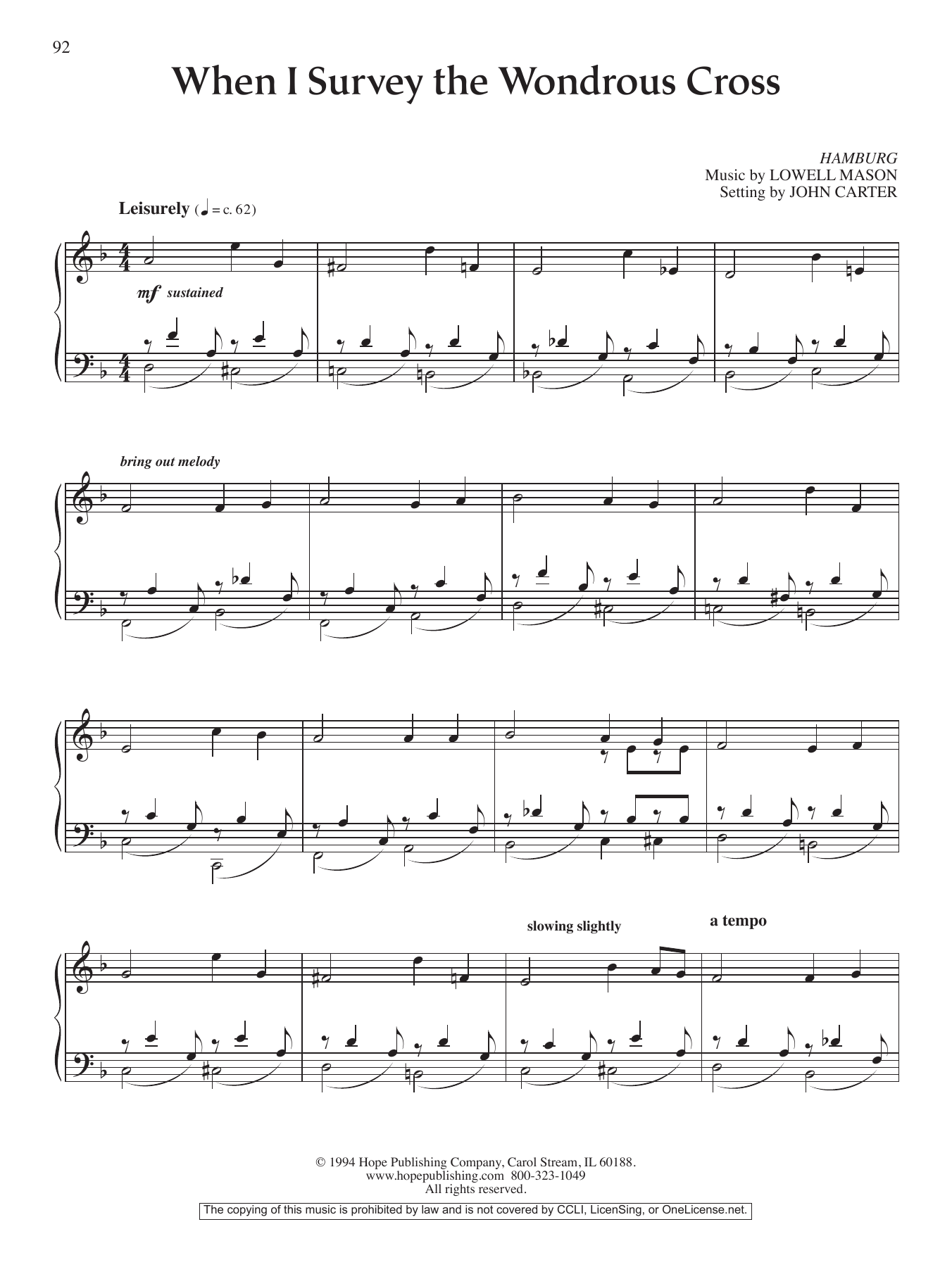 Download John Carter When I Survey the Wondrous Cross Sheet Music and learn how to play Piano Solo PDF digital score in minutes