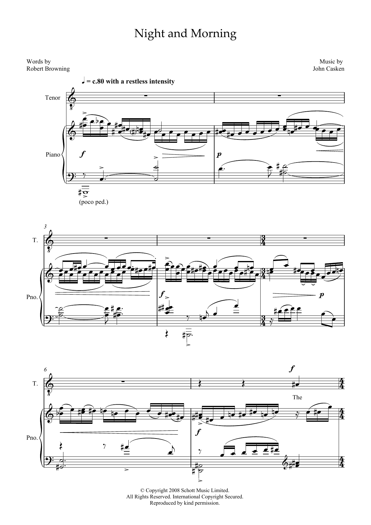 Download John Casken Night and Morning (for tenor & piano) Sheet Music and learn how to play Piano & Vocal PDF digital score in minutes