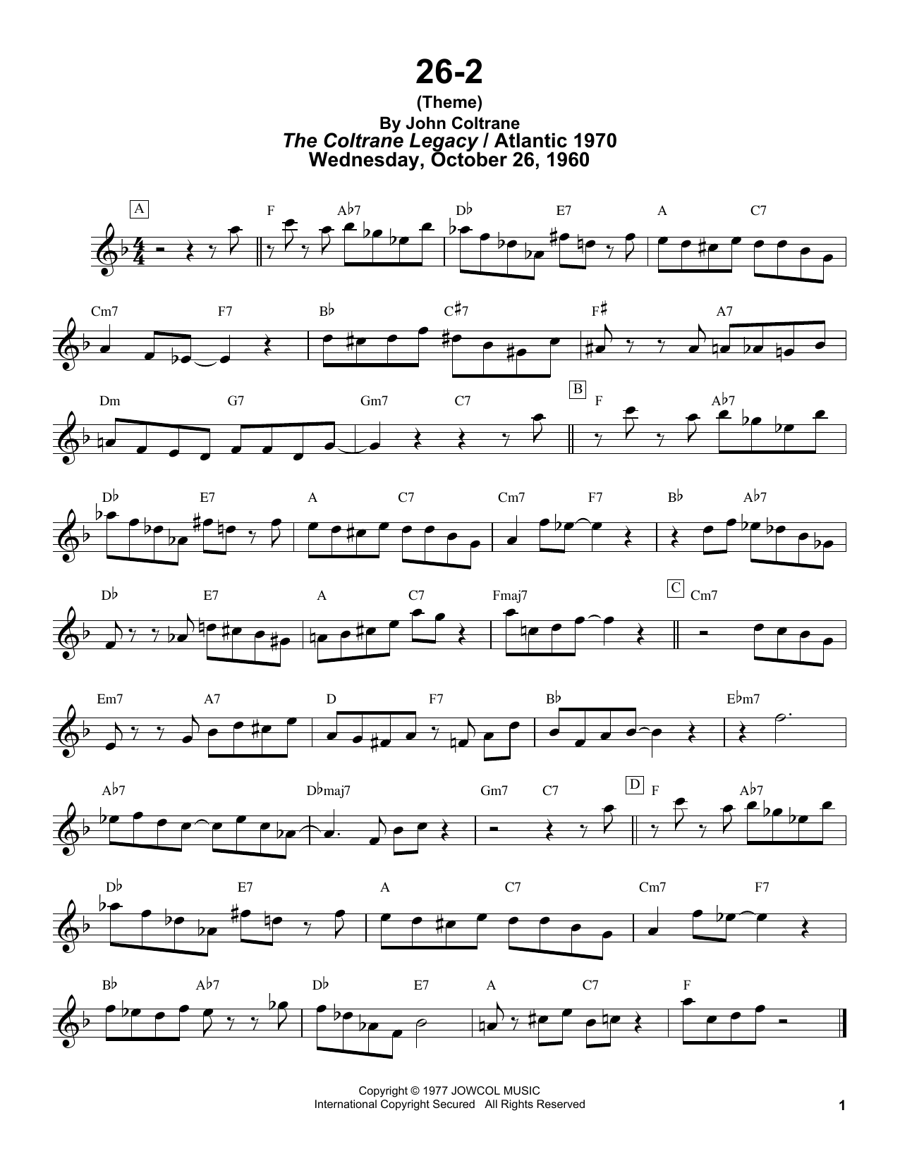 Download John Coltrane 26-2 Sheet Music and learn how to play Tenor Sax Transcription PDF digital score in minutes
