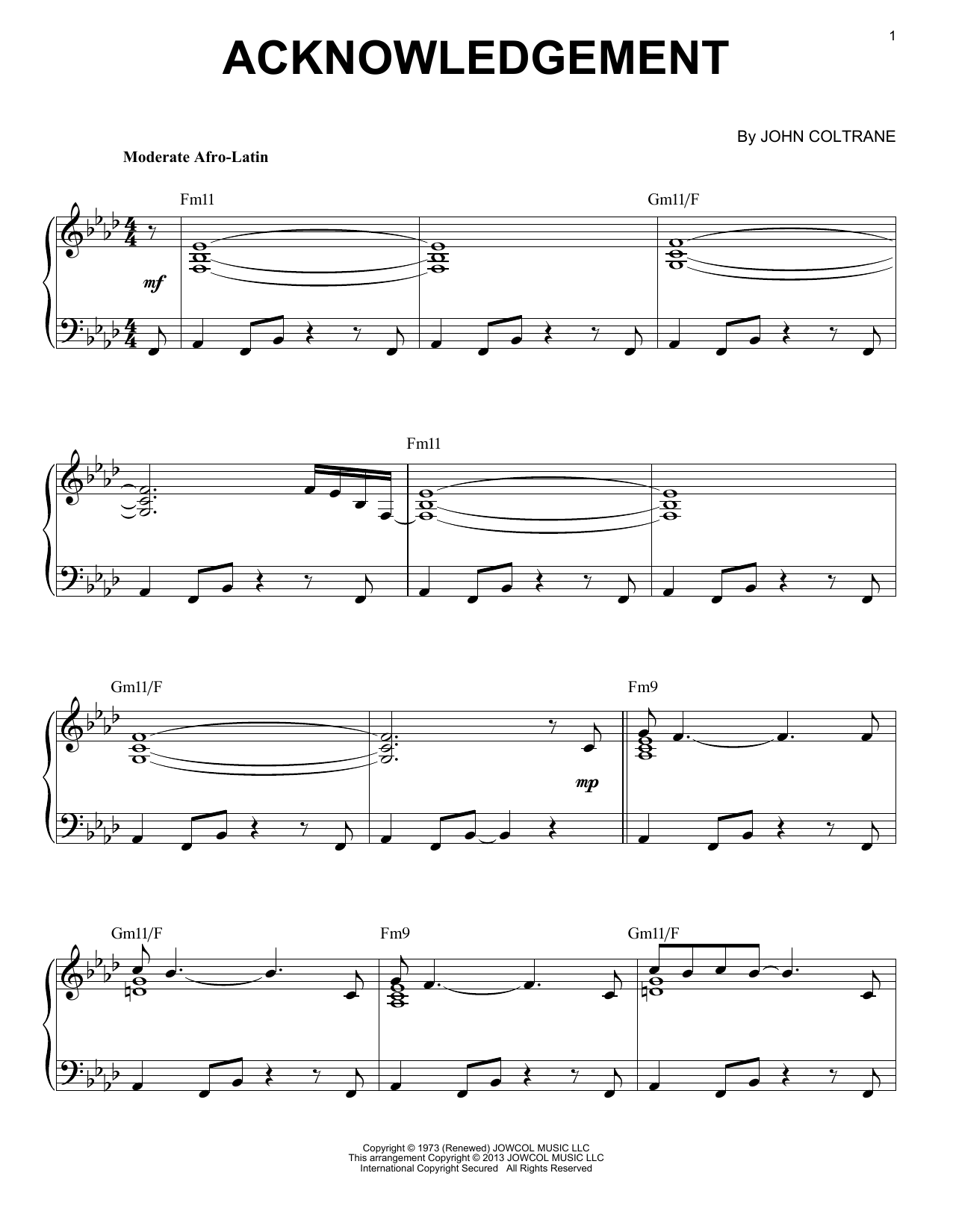 Download John Coltrane Acknowledgement (arr. Brent Edstrom) Sheet Music and learn how to play Piano Solo PDF digital score in minutes