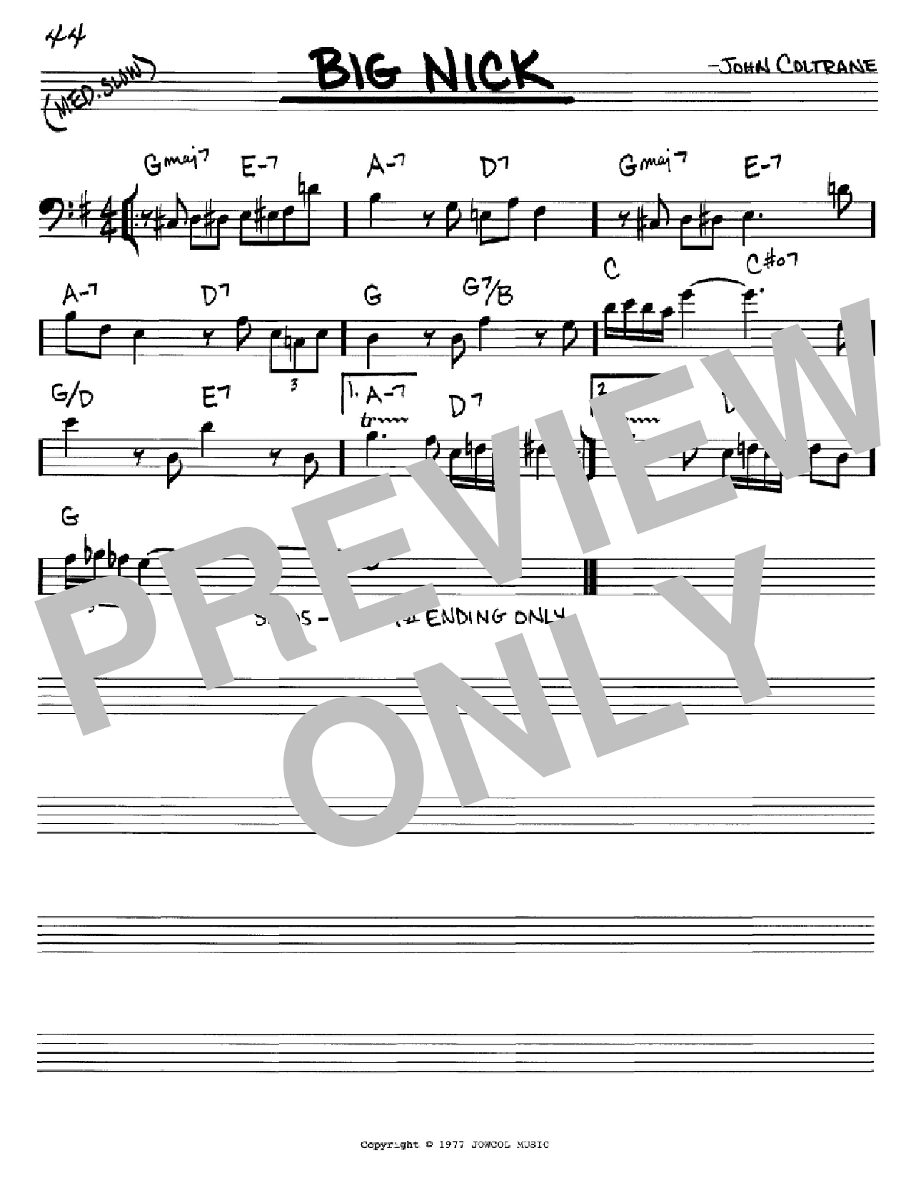 Download John Coltrane Big Nick Sheet Music and learn how to play Real Book – Melody & Chords – Bass Clef Instruments PDF digital score in minutes