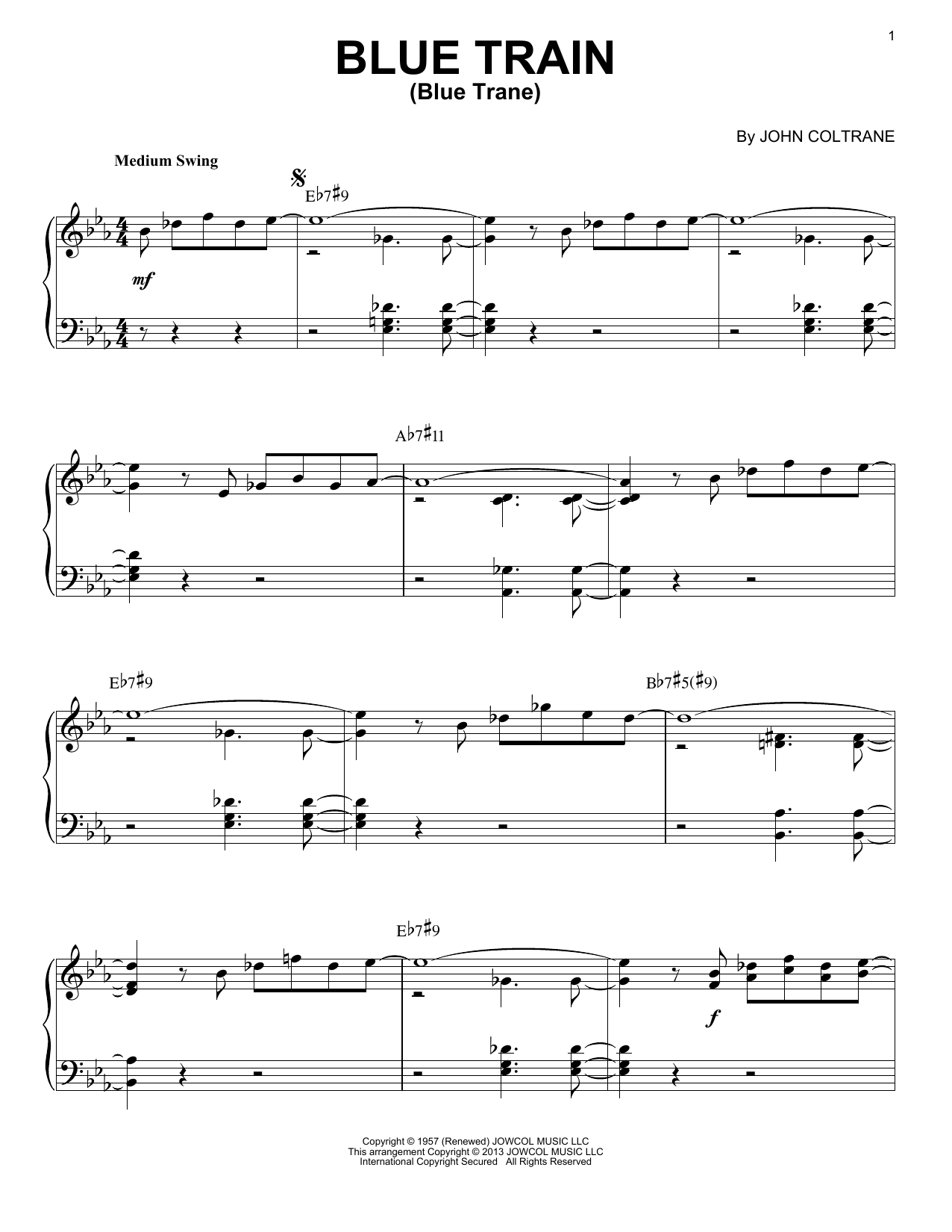 Download John Coltrane Blue Train (Blue Trane) (arr. Brent Edstrom) Sheet Music and learn how to play Piano Solo PDF digital score in minutes