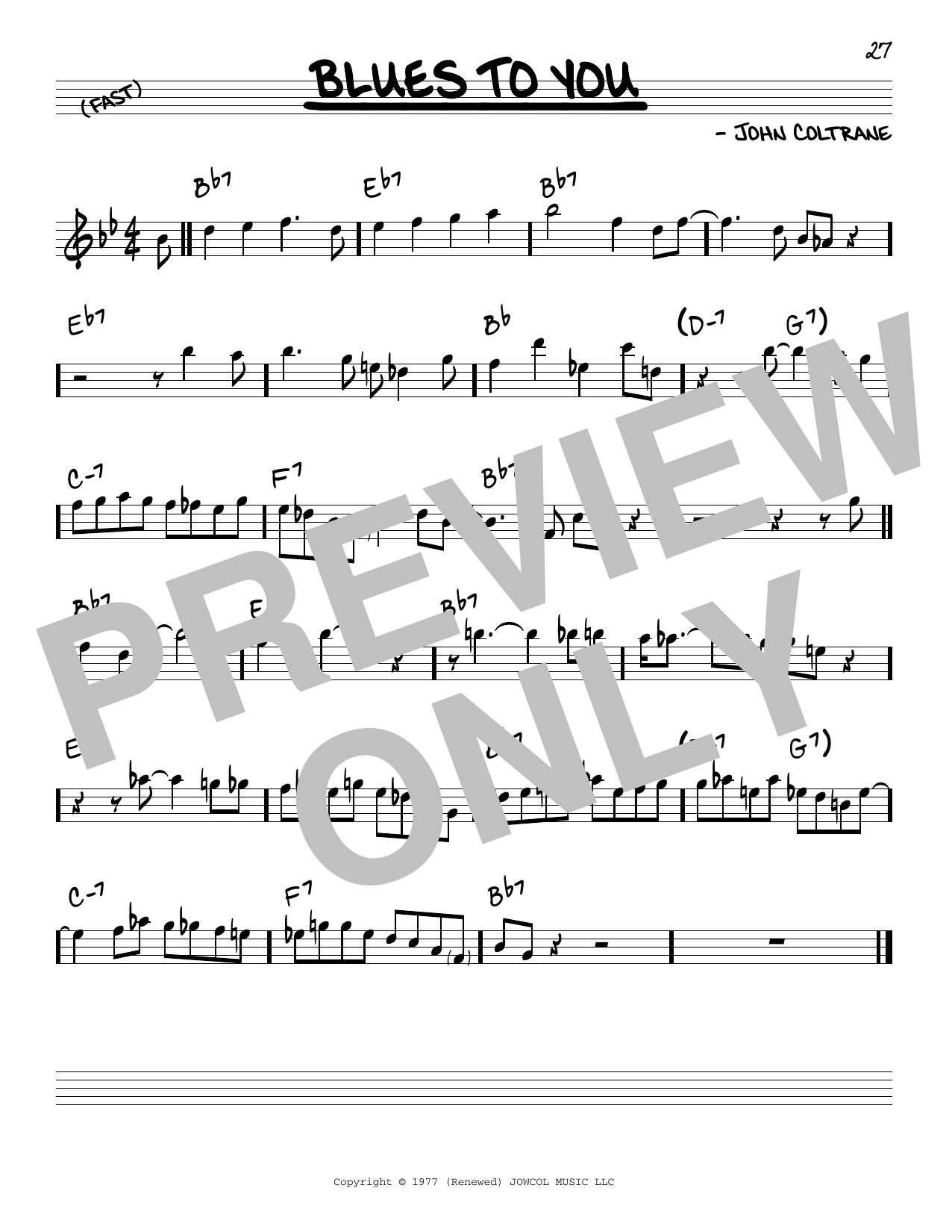 Download John Coltrane Blues To You Sheet Music and learn how to play Real Book – Melody & Chords PDF digital score in minutes
