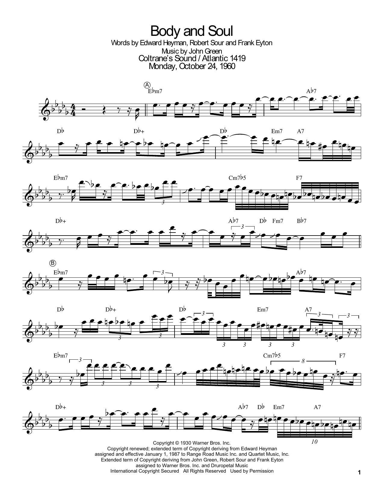 Download John Coltrane Body And Soul Sheet Music and learn how to play Real Book – Melody & Chords PDF digital score in minutes