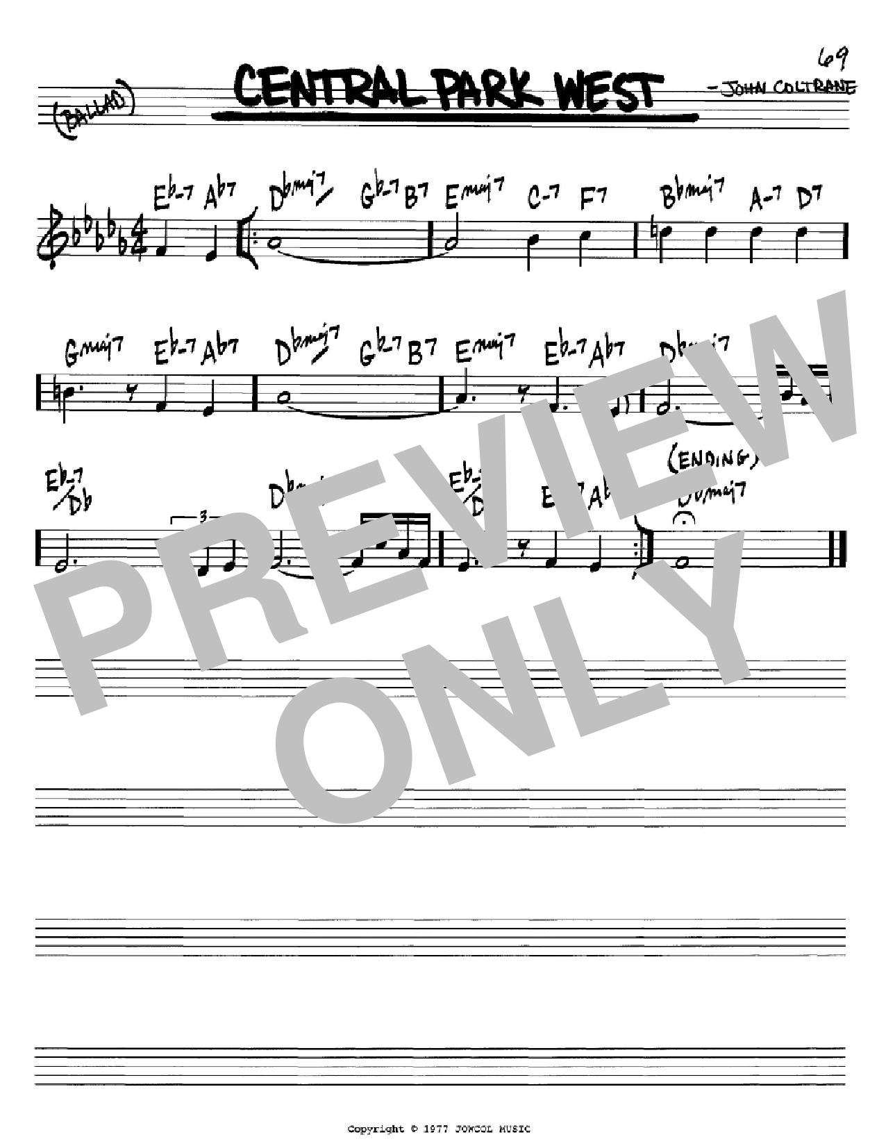 Download John Coltrane Central Park West Sheet Music and learn how to play Real Book – Melody & Chords – Bb Instruments PDF digital score in minutes