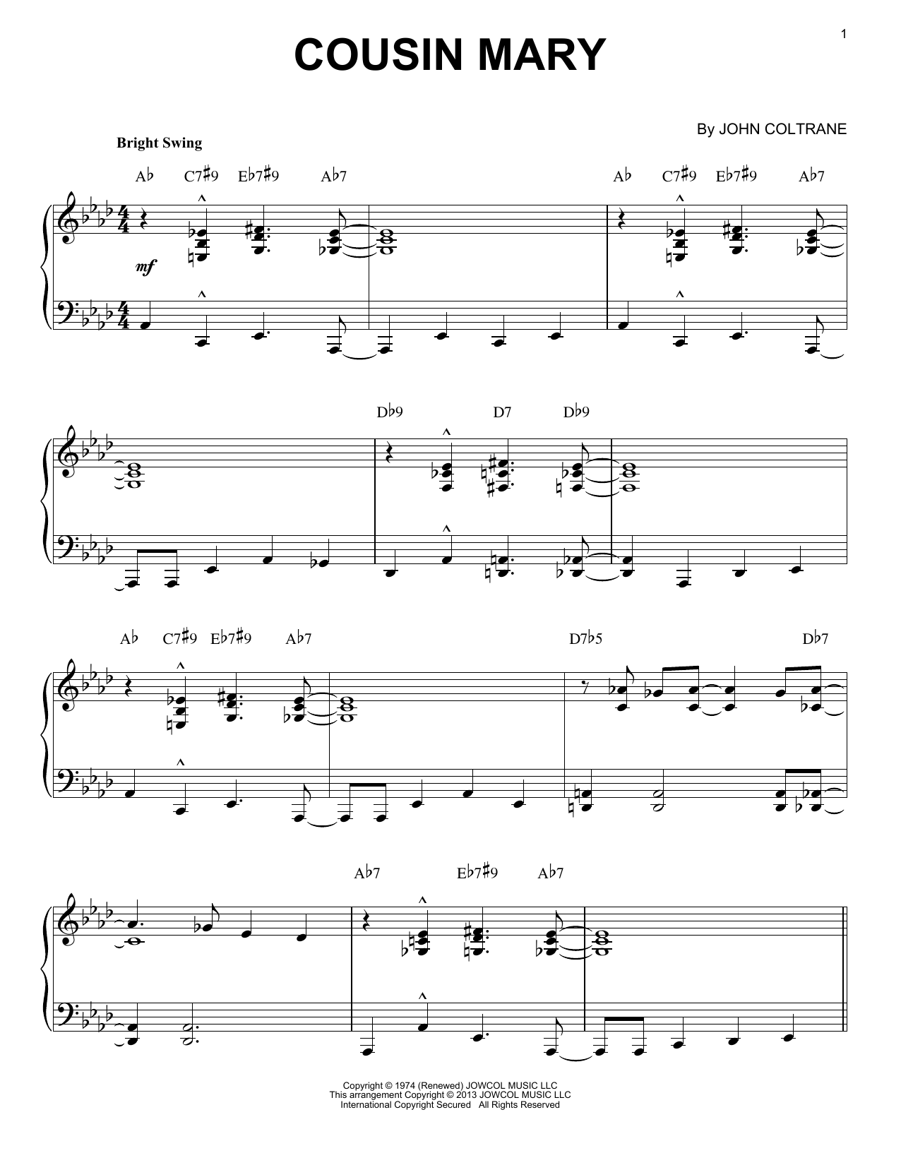 Download John Coltrane Cousin Mary (arr. Brent Edstrom) Sheet Music and learn how to play Piano Solo PDF digital score in minutes