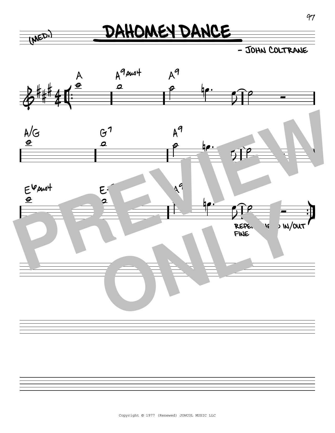 Download John Coltrane Dahomey Dance Sheet Music and learn how to play Real Book – Melody & Chords PDF digital score in minutes