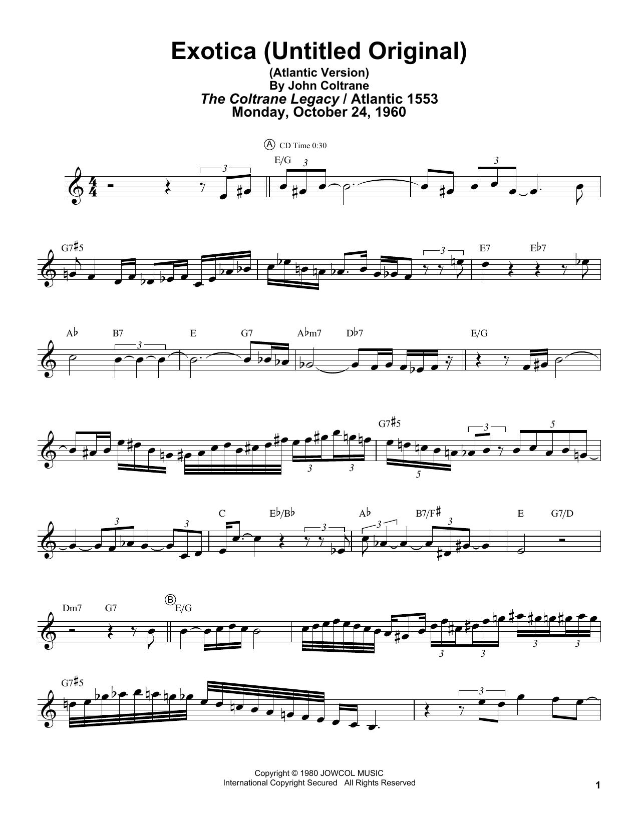 Download John Coltrane Exotica (Untitled Original) (Atlantic Version) Sheet Music and learn how to play Tenor Sax Transcription PDF digital score in minutes