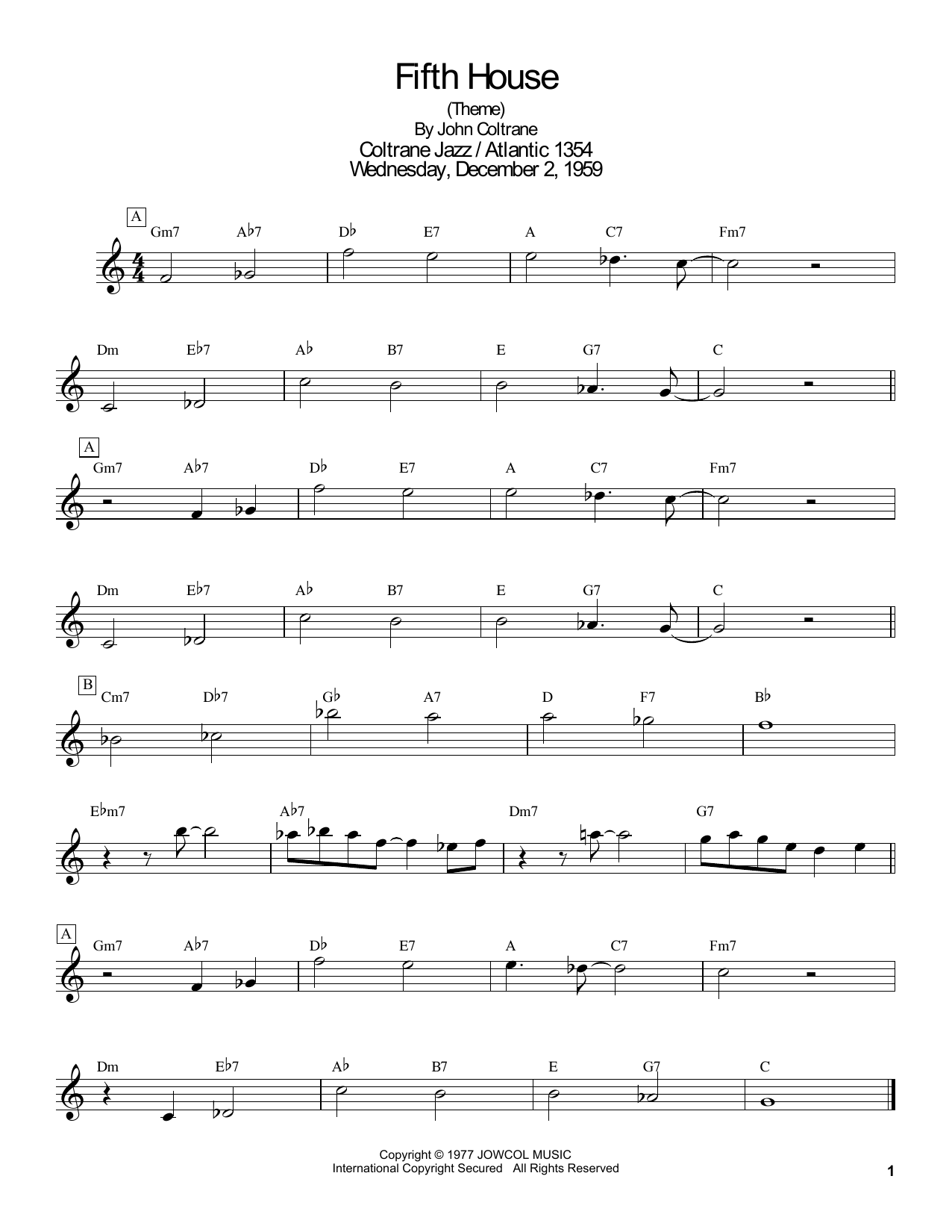 Download John Coltrane Fifth House Sheet Music and learn how to play Tenor Sax Transcription PDF digital score in minutes