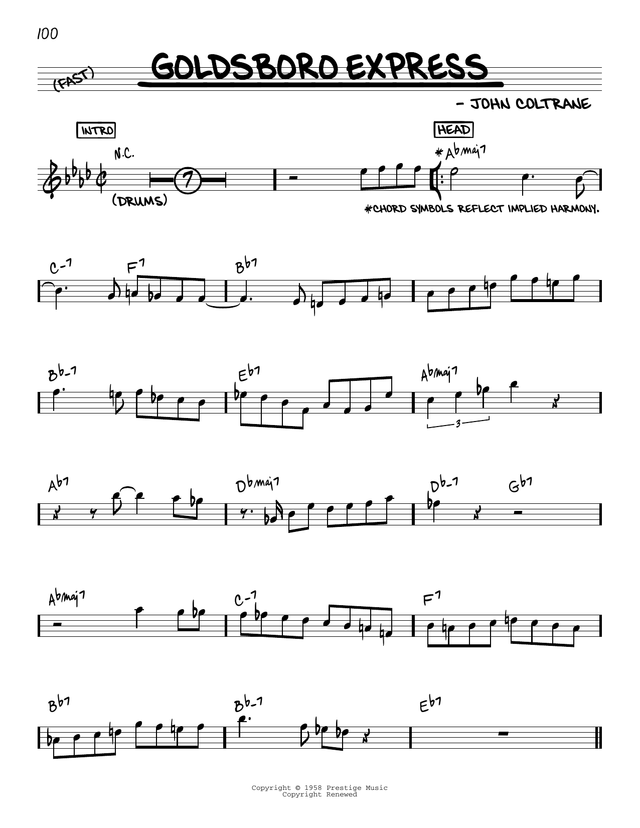 Download John Coltrane Goldsboro Express Sheet Music and learn how to play Real Book – Melody & Chords PDF digital score in minutes