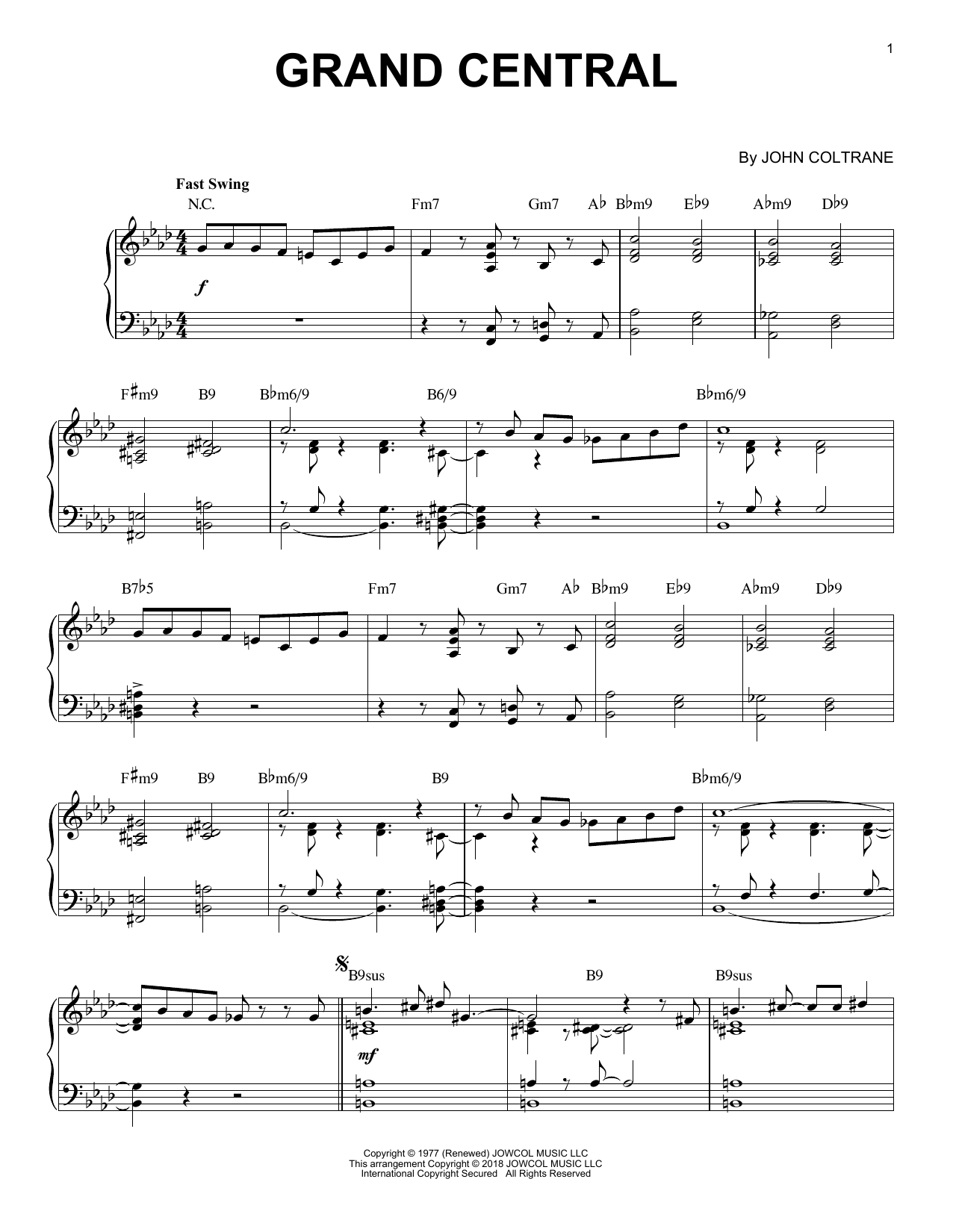 Download John Coltrane Grand Central [Jazz version] Sheet Music and learn how to play Piano Solo PDF digital score in minutes