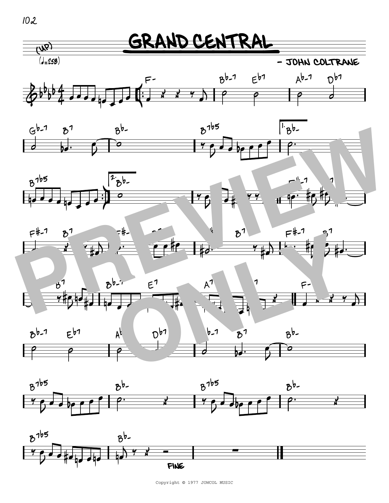 Download John Coltrane Grand Central Sheet Music and learn how to play Real Book – Melody & Chords – Bass Clef Instruments PDF digital score in minutes
