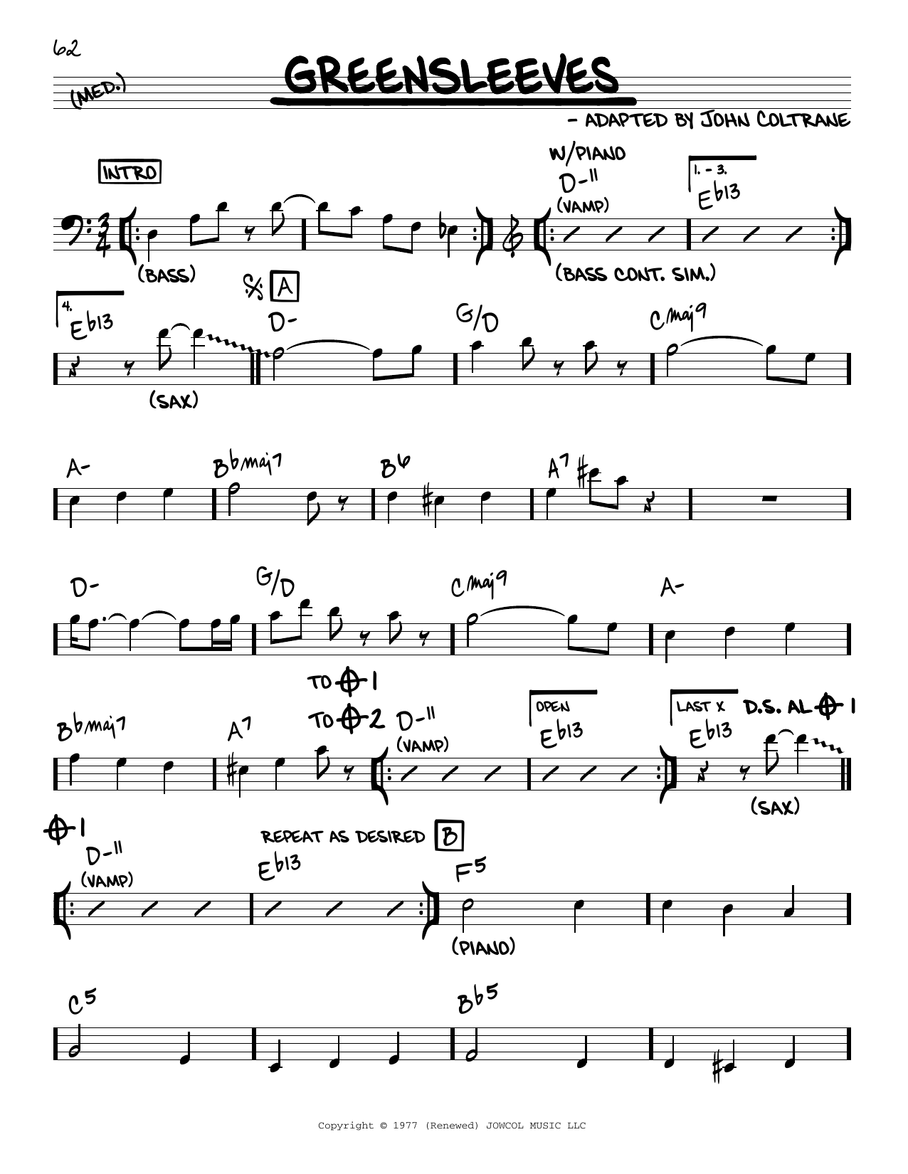 Download John Coltrane Greensleeves Sheet Music and learn how to play Real Book – Melody & Chords PDF digital score in minutes