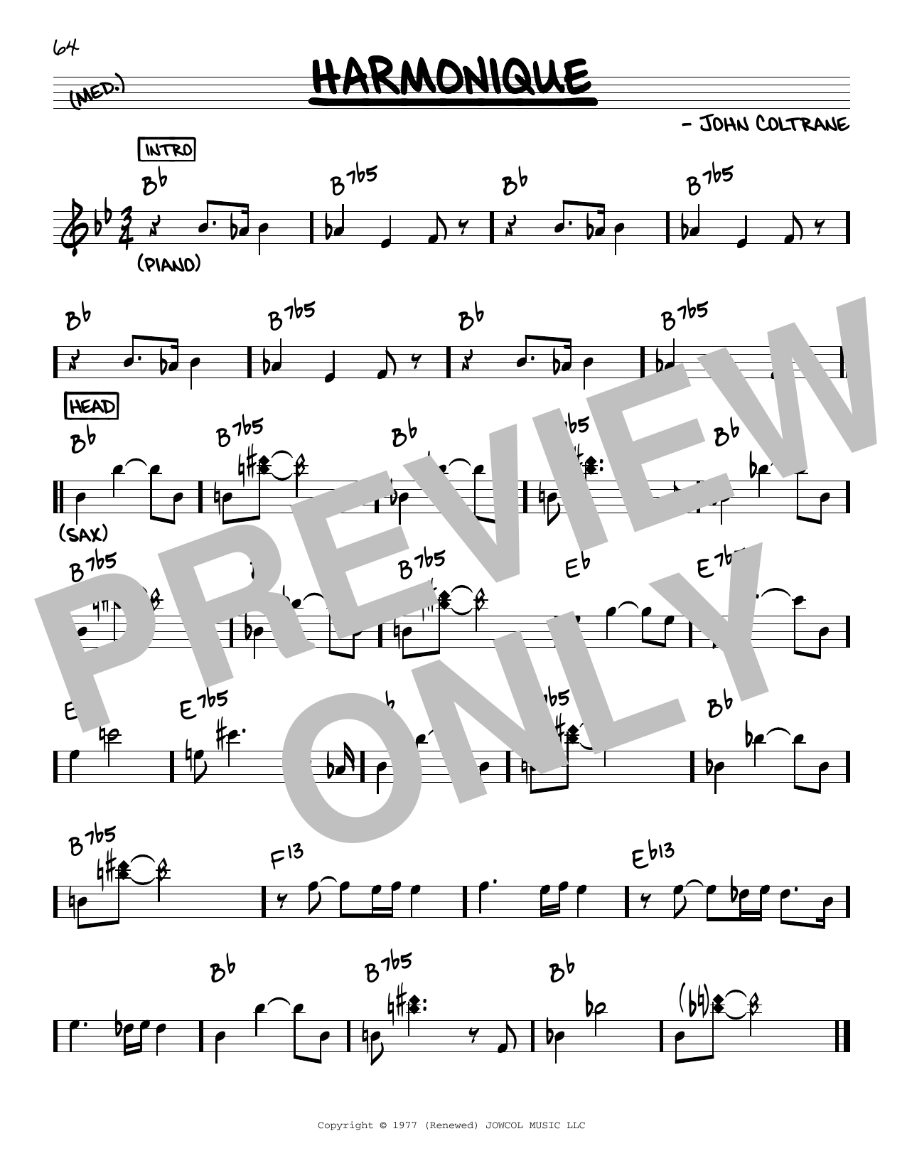 Download John Coltrane Harmonique Sheet Music and learn how to play Real Book – Melody & Chords PDF digital score in minutes