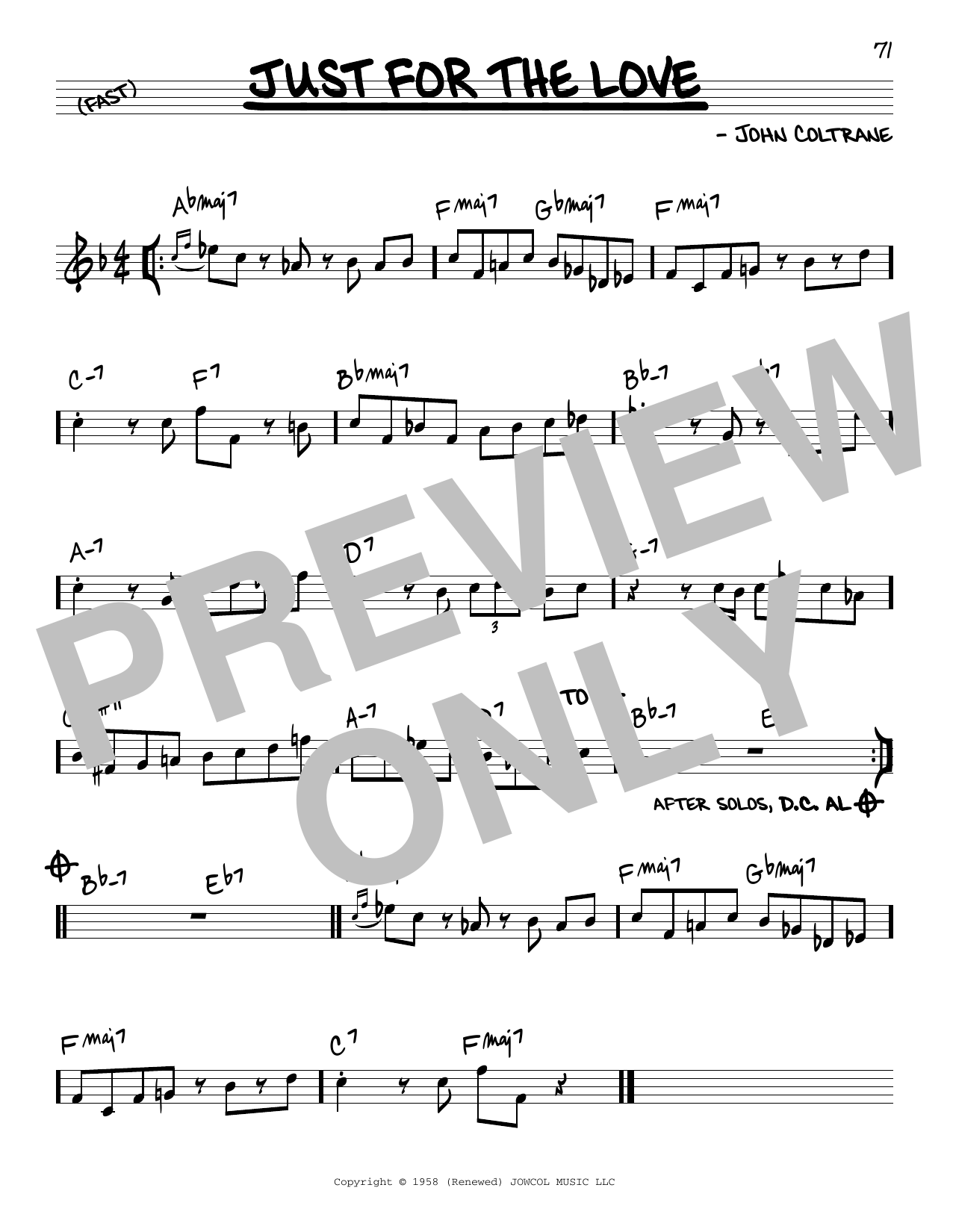 Download John Coltrane Just For The Love Sheet Music and learn how to play Real Book – Melody & Chords PDF digital score in minutes