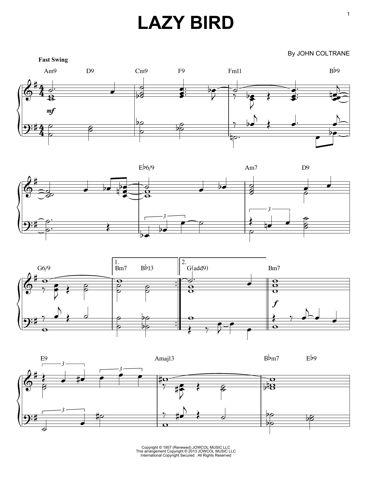 Download John Coltrane Lazy Bird (arr. Brent Edstrom) Sheet Music and learn how to play Piano Solo PDF digital score in minutes