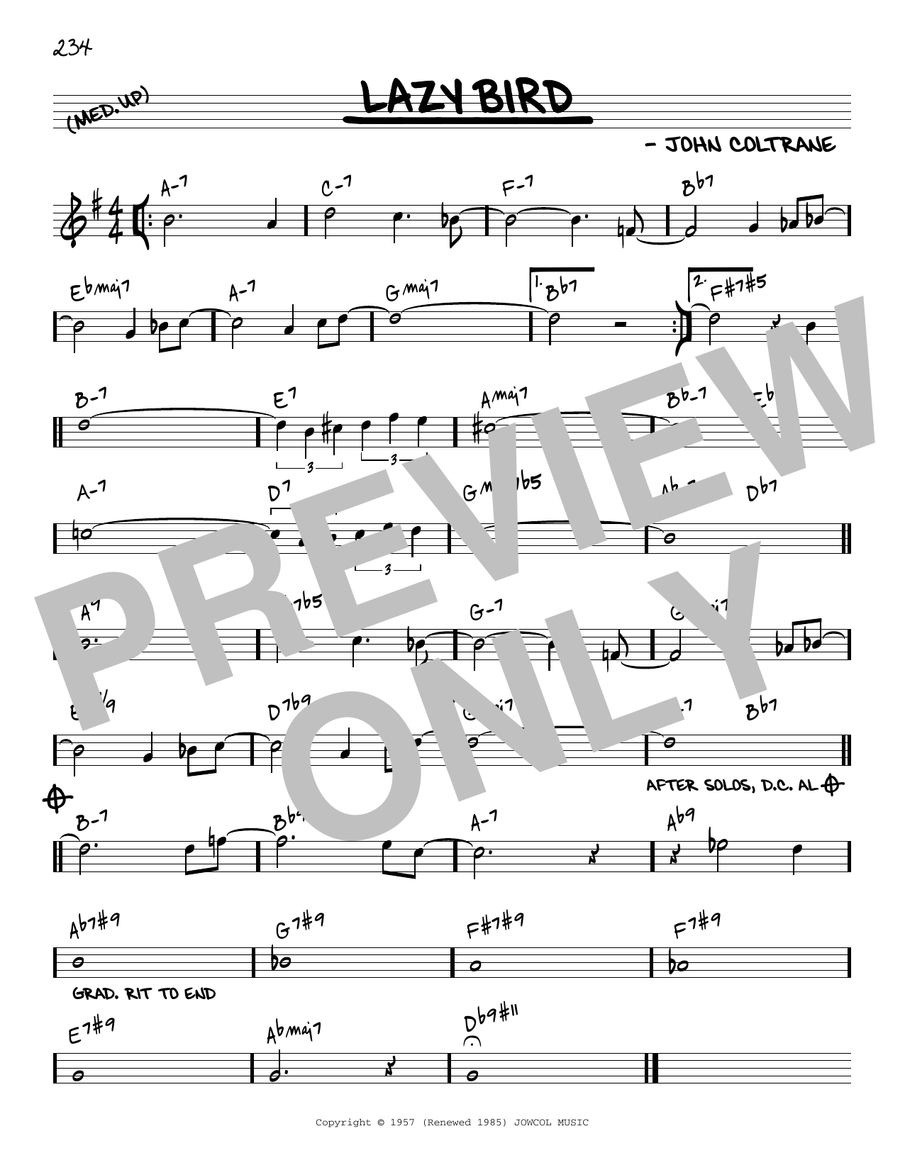 Download John Coltrane Lazy Bird [Reharmonized version] (arr. Jack Grassel) Sheet Music and learn how to play Real Book – Melody & Chords PDF digital score in minutes