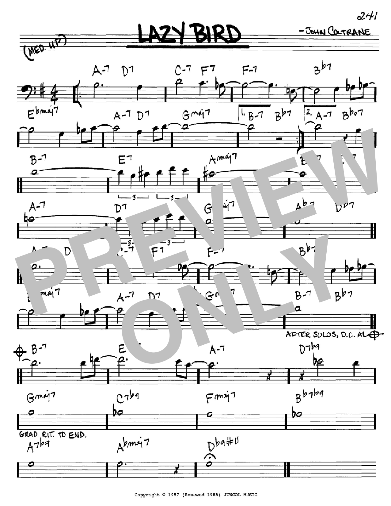 Download John Coltrane Lazy Bird Sheet Music and learn how to play Real Book – Melody & Chords – Eb Instruments PDF digital score in minutes