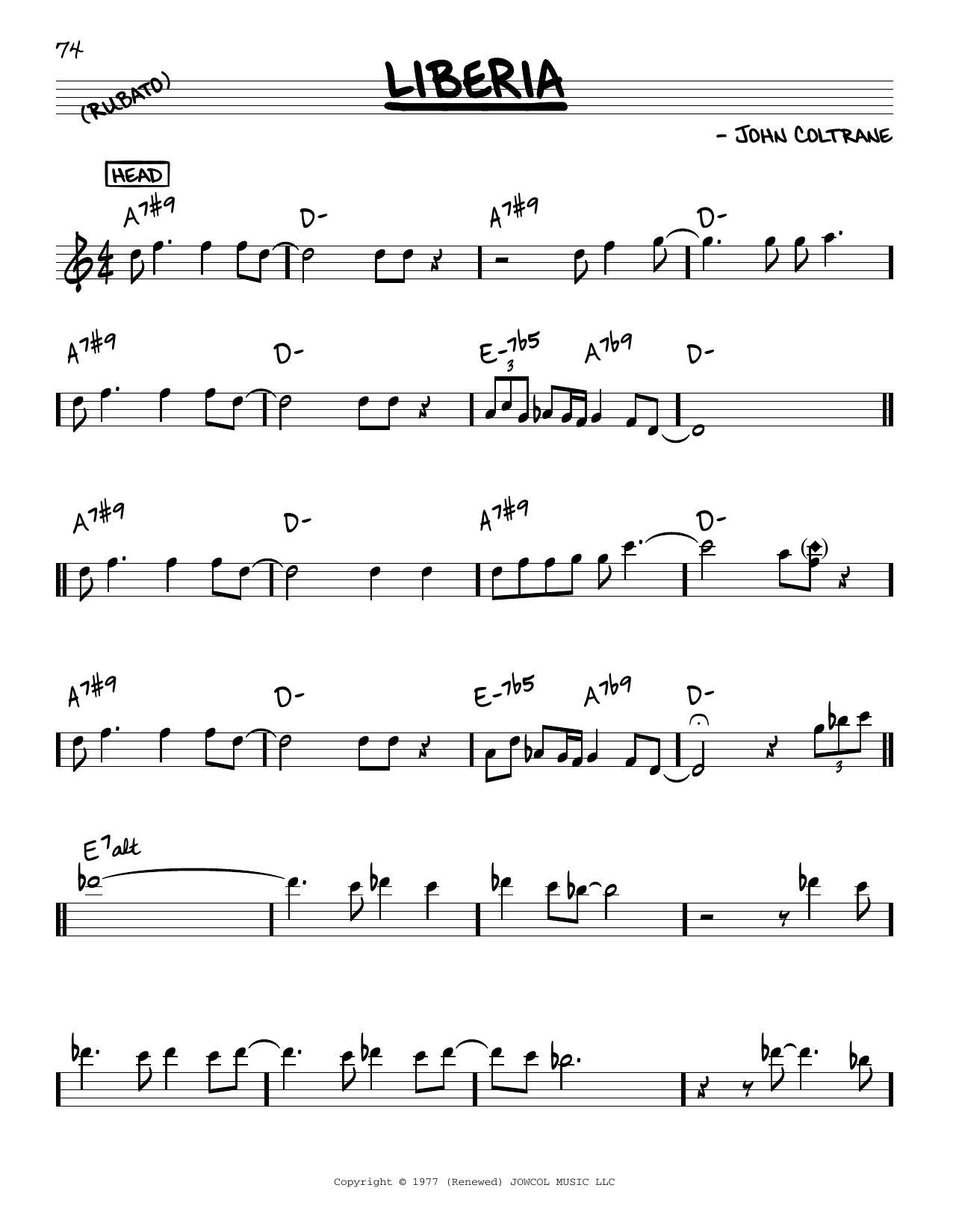 Download John Coltrane Liberia Sheet Music and learn how to play Real Book – Melody & Chords PDF digital score in minutes