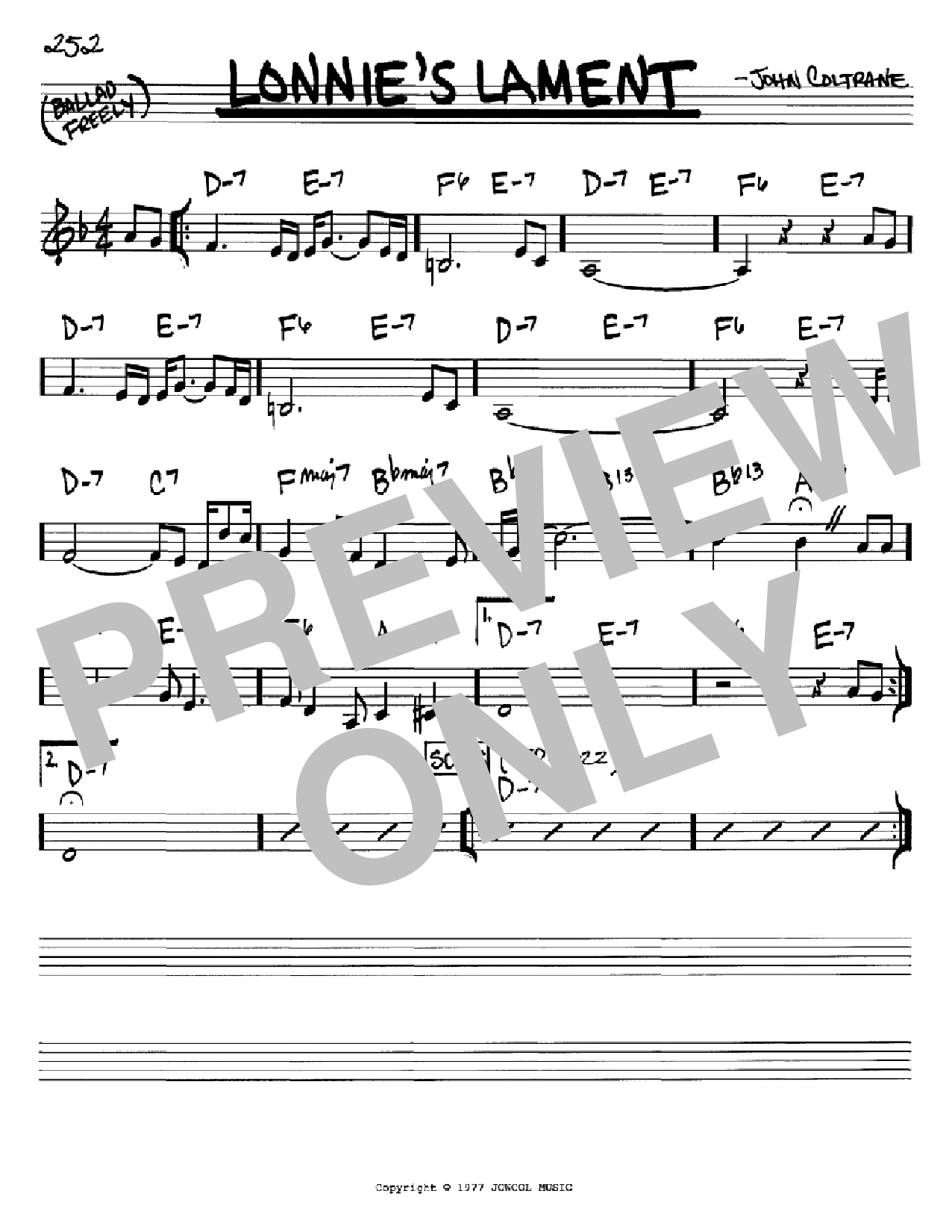 Download John Coltrane Lonnie's Lament Sheet Music and learn how to play Real Book – Melody & Chords – Bass Clef Instruments PDF digital score in minutes