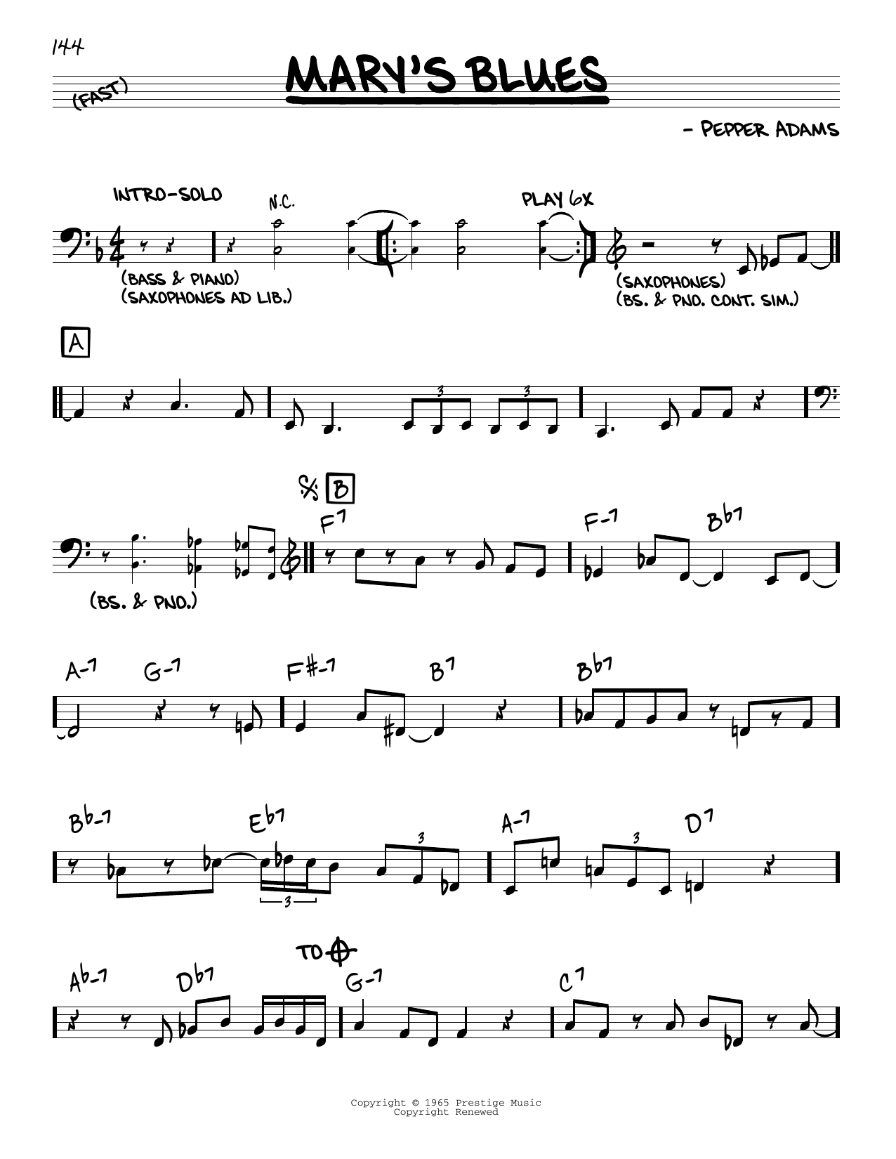 Download John Coltrane Mary's Blues Sheet Music and learn how to play Real Book – Melody & Chords PDF digital score in minutes