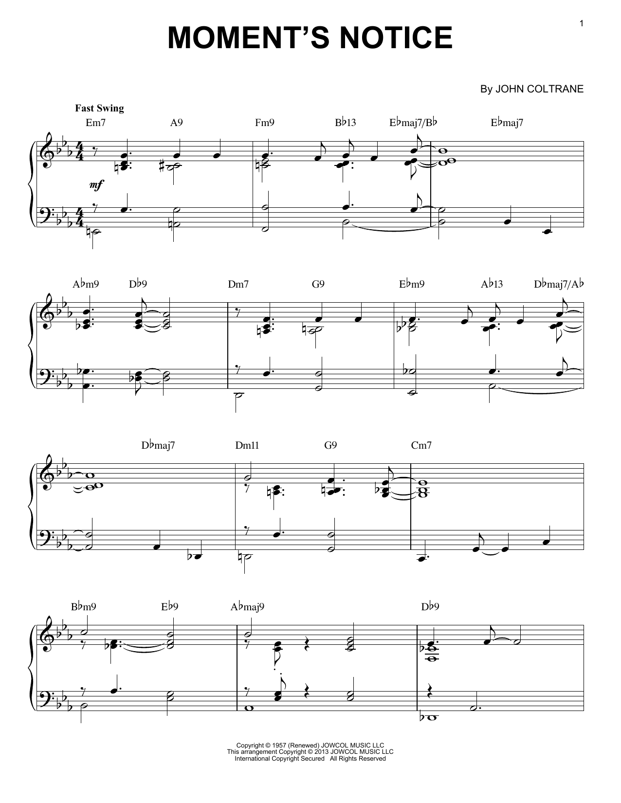 Download John Coltrane Moment's Notice (arr. Brent Edstrom) Sheet Music and learn how to play Piano Solo PDF digital score in minutes