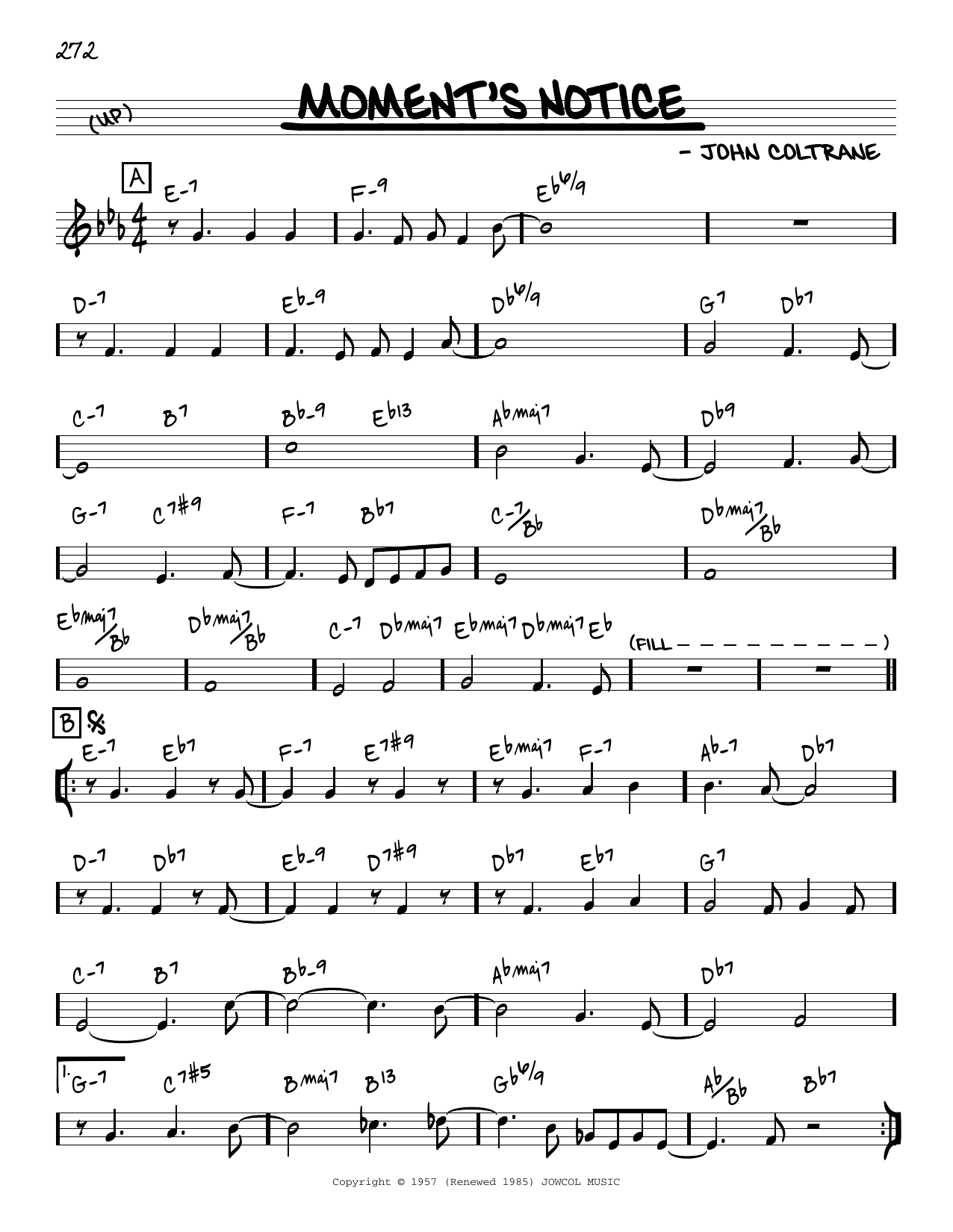 Download John Coltrane Moment's Notice [Reharmonized version] (arr. Jack Grassel) Sheet Music and learn how to play Real Book – Melody & Chords PDF digital score in minutes