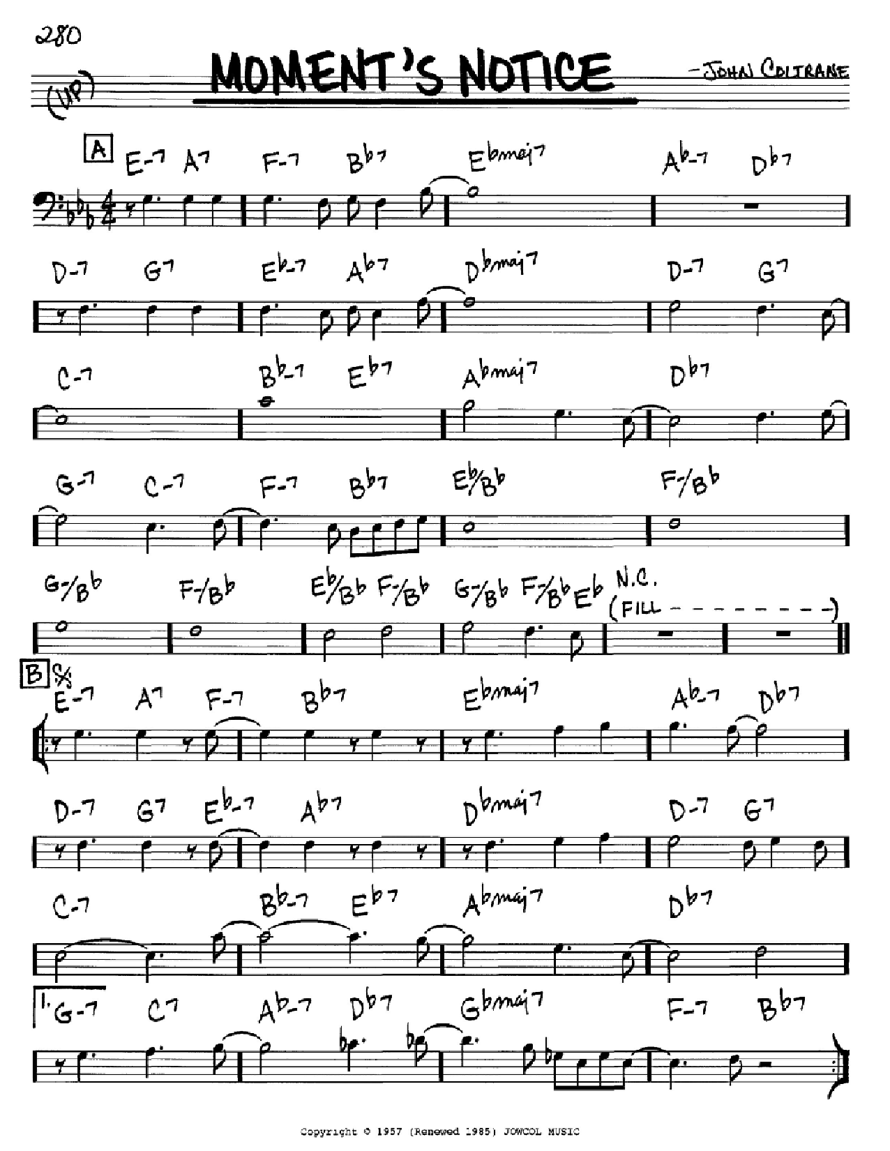 Download John Coltrane Moment's Notice Sheet Music and learn how to play Real Book – Melody & Chords – Bb Instruments PDF digital score in minutes